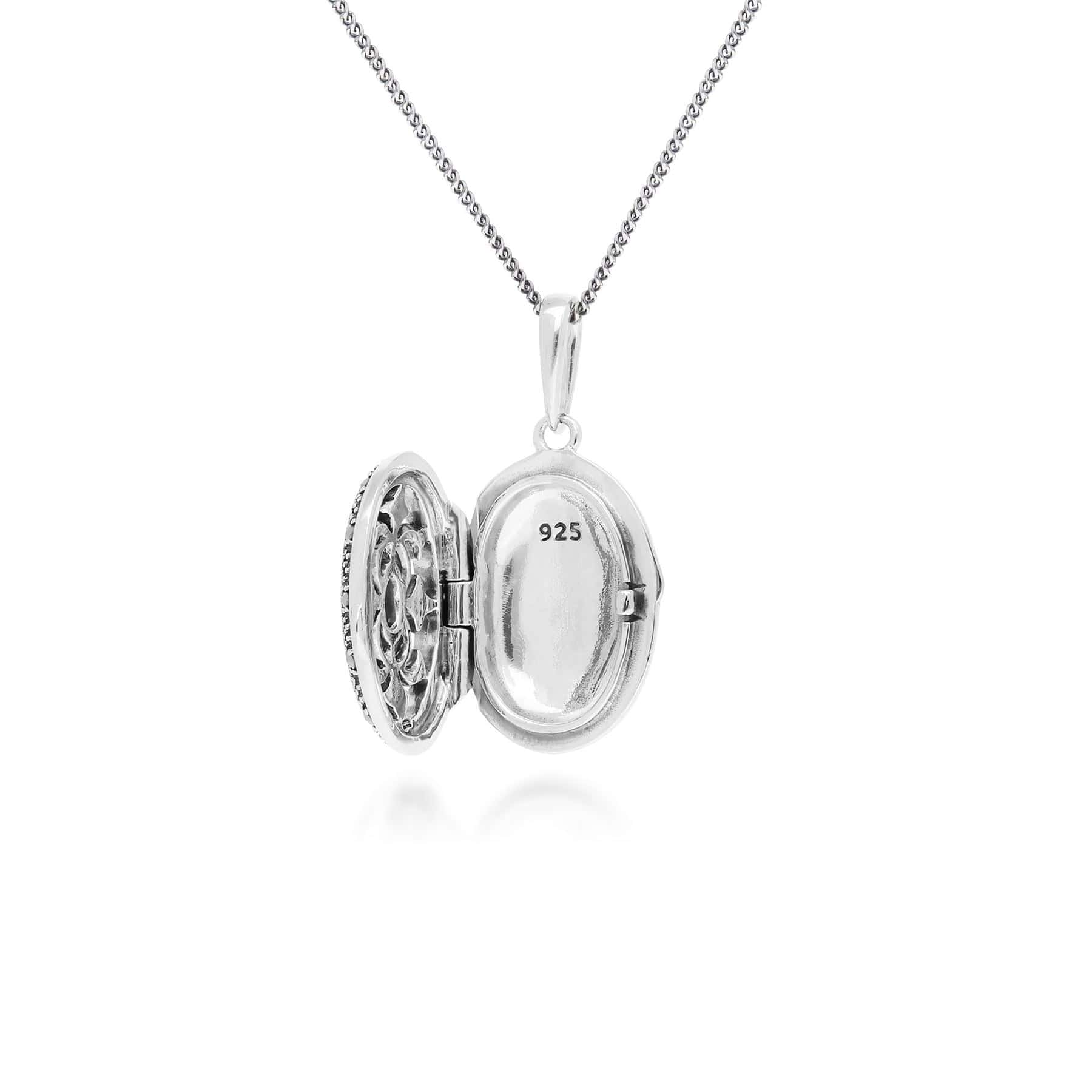 Art Nouveau Style Oval Topaz & Marcasite Locket Necklace in 925 Sterling Silver - Gemondo