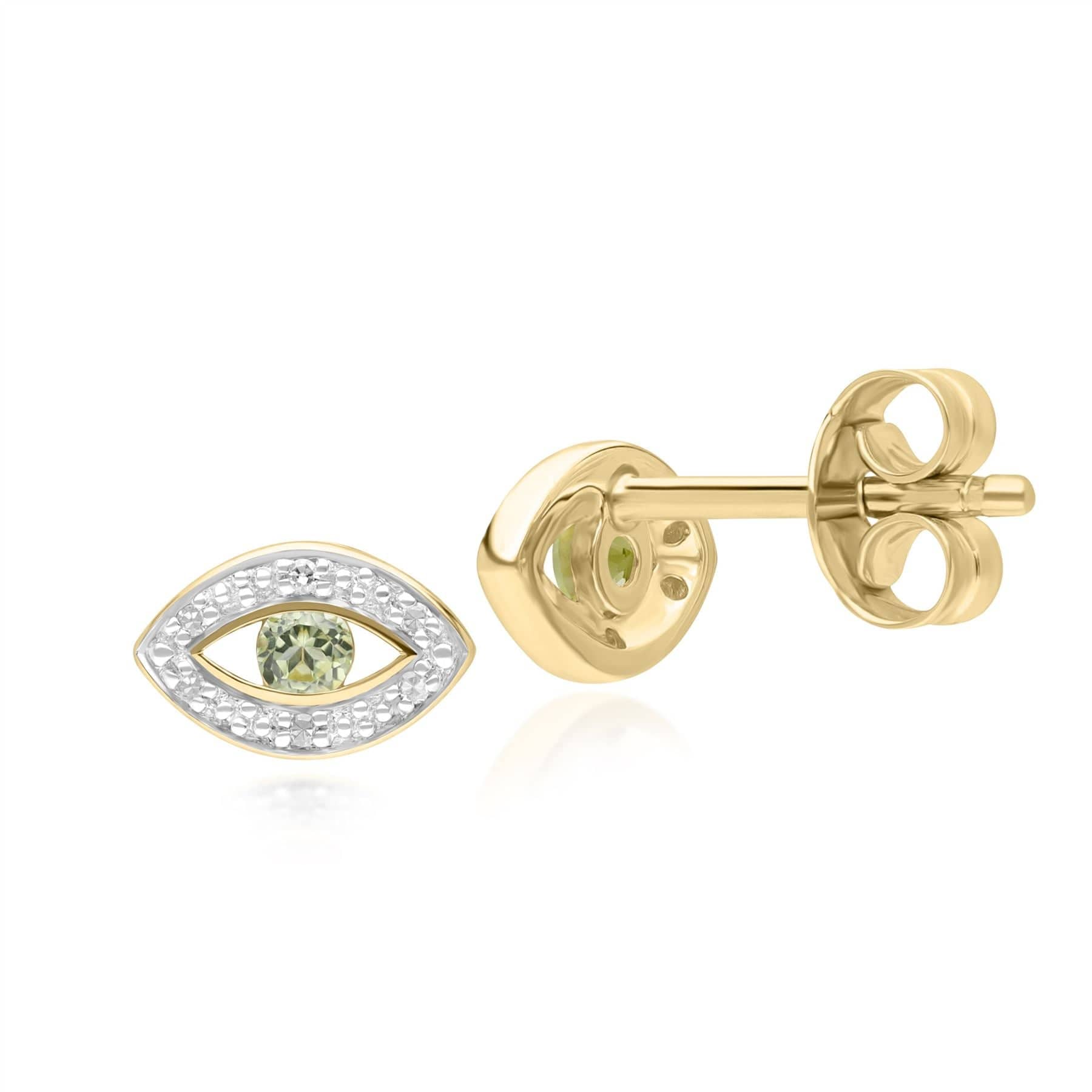 135E1824049 ECFEW™ Dainty Evil Eye Peridot & Diamond Stud Earrings in 9ct Yellow Gold Side
