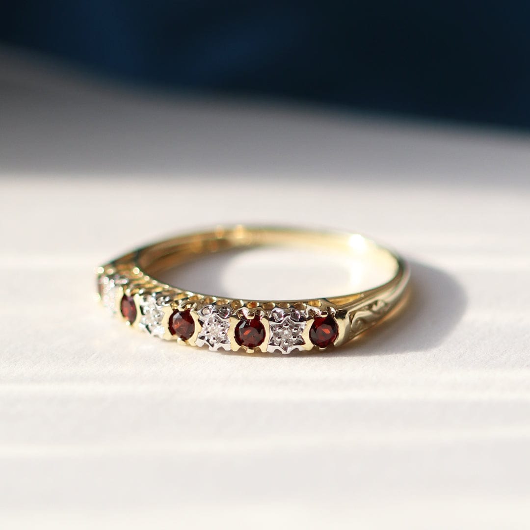 181R0853309 Classic Round Garnet & Diamond Half Eternity Ring in 9ct Yellow Gold 2