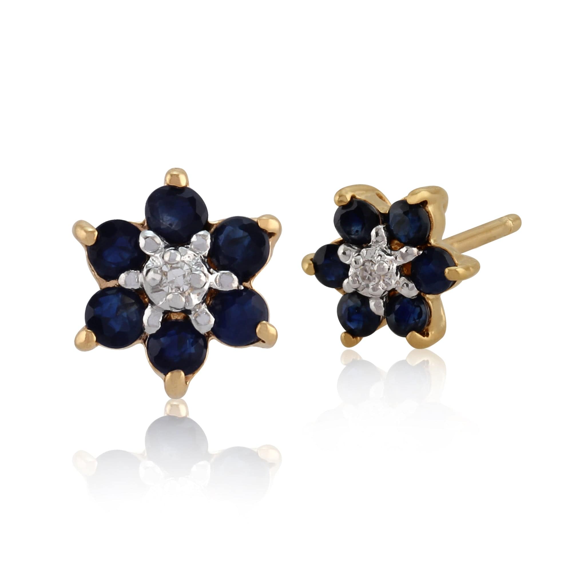 Floral Round Sapphire & Diamond Cluster Stud Earrings in 9ct Yellow Gold