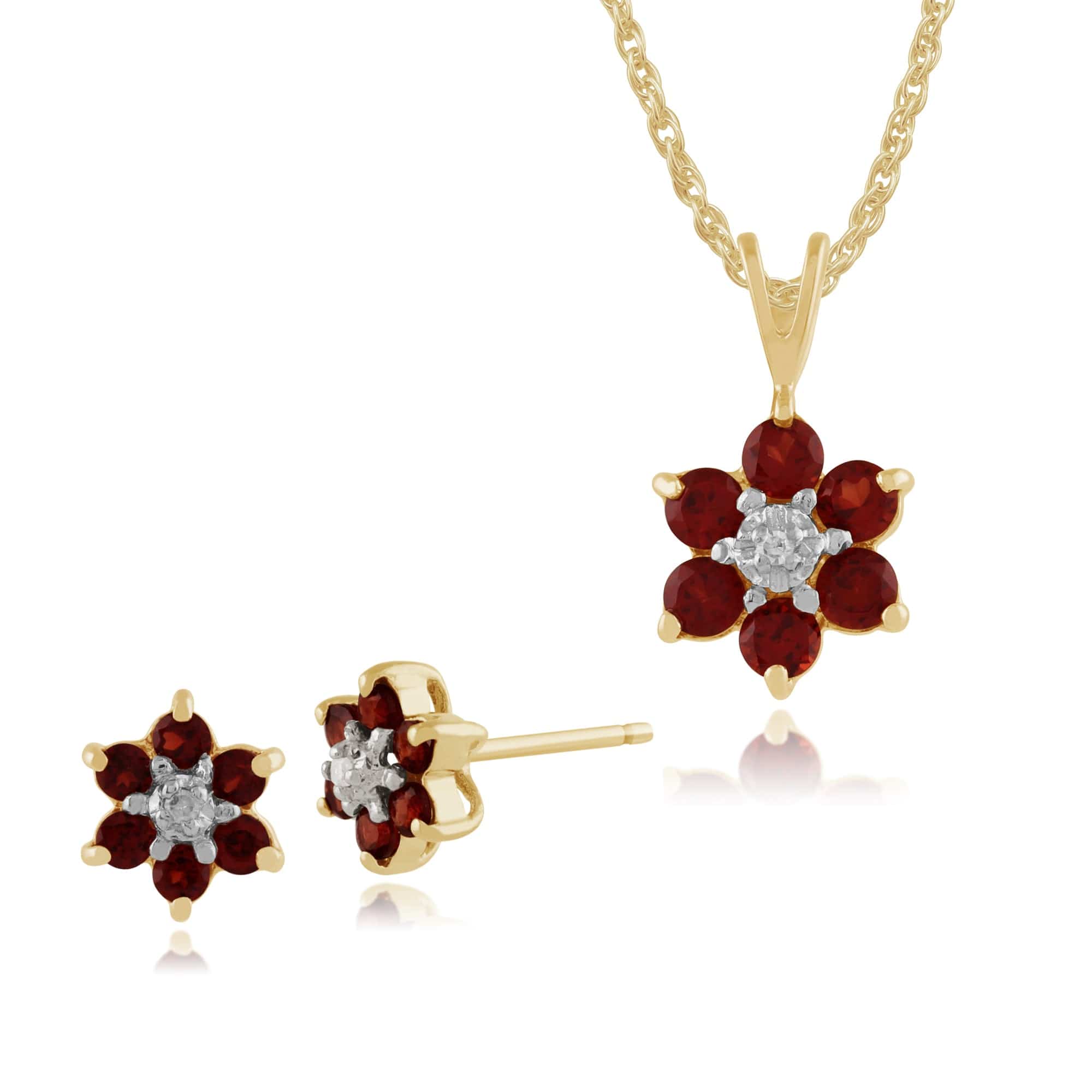 Floral Garnet & Diamond Cluster Stud Earrings & Pendant Set Image 1