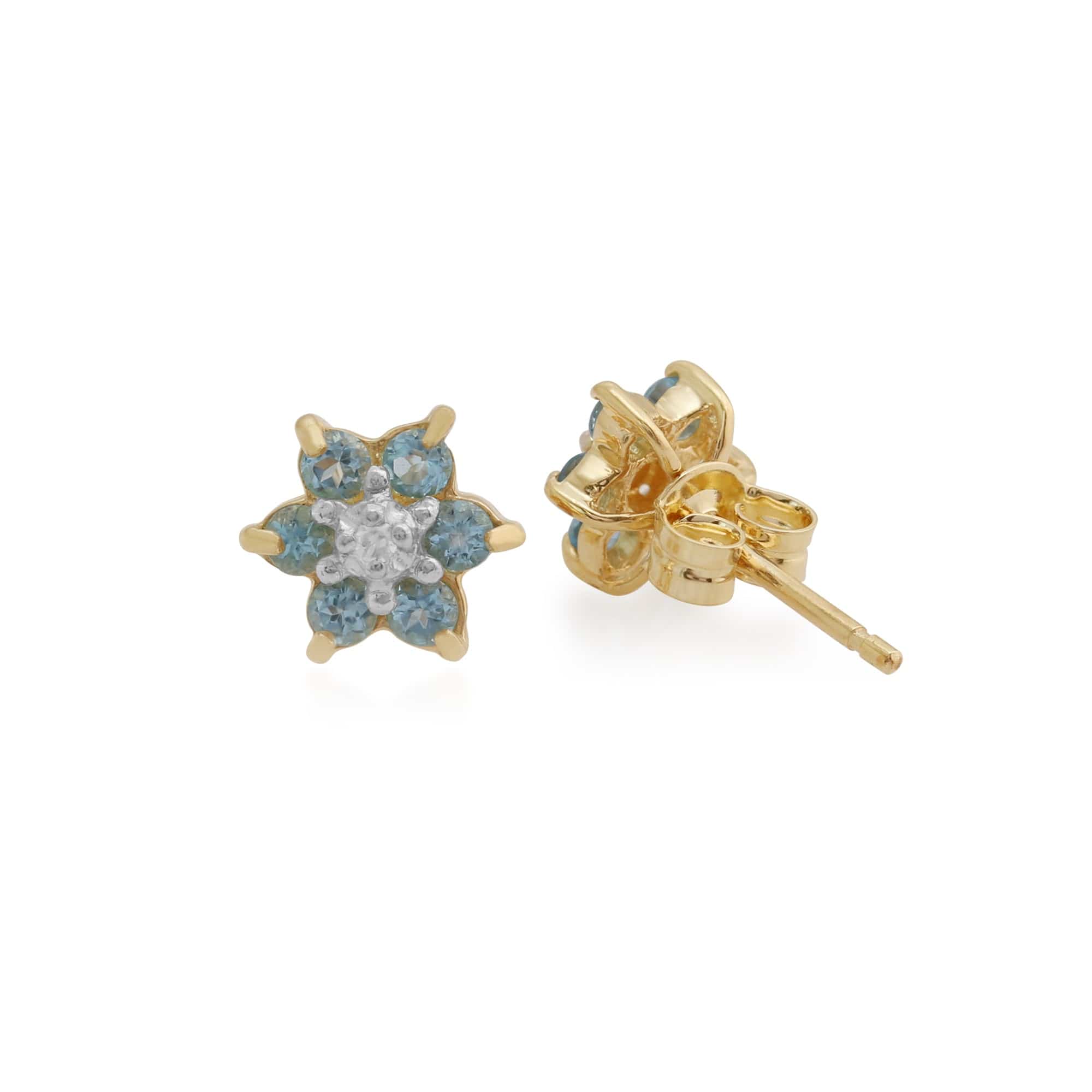 Floral Round Blue Topaz & Diamond Cluster Stud Earrings in 9ct Yellow Gold - Gemondo
