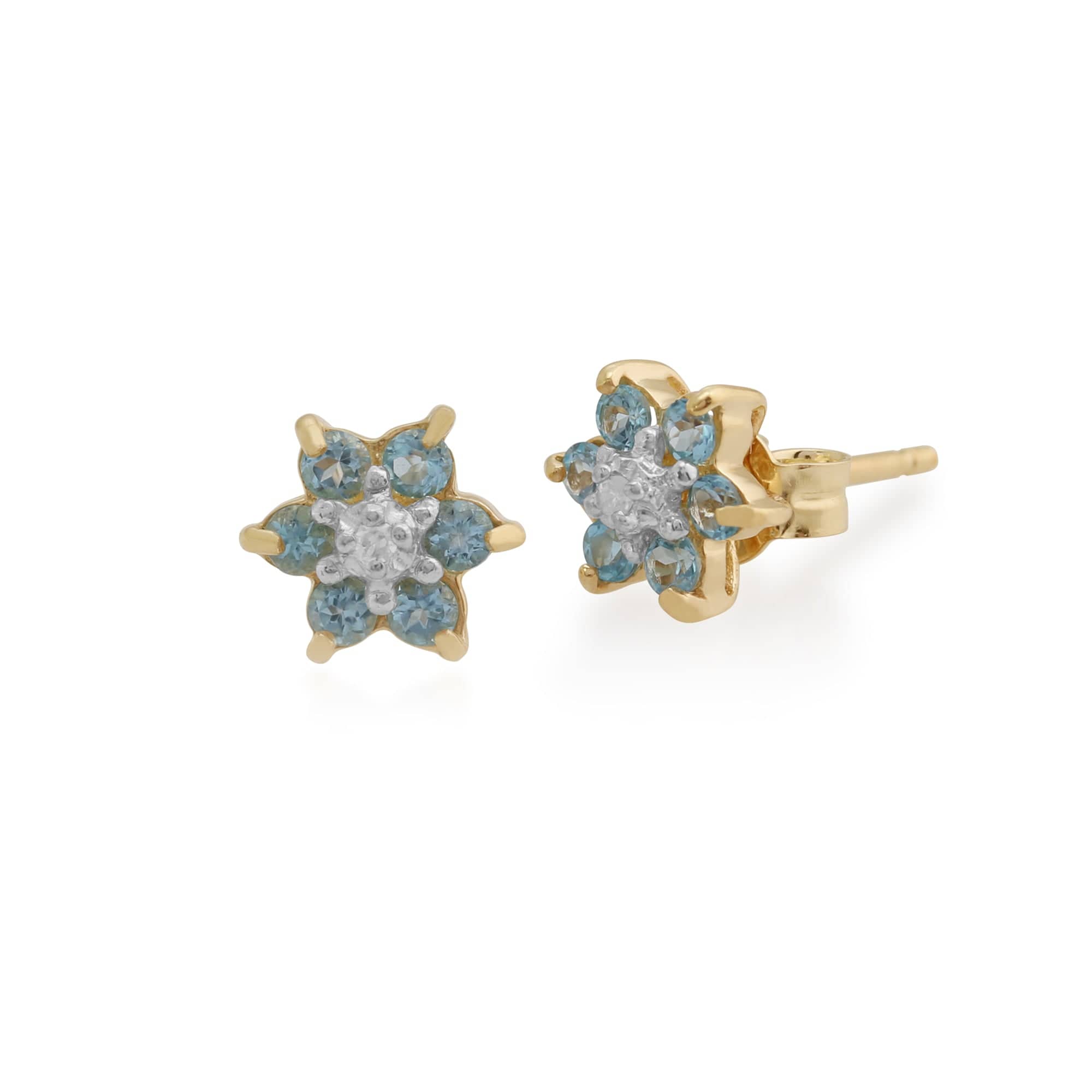 Floral Round Blue Topaz & Diamond Cluster Stud Earrings in 9ct Yellow Gold - Gemondo