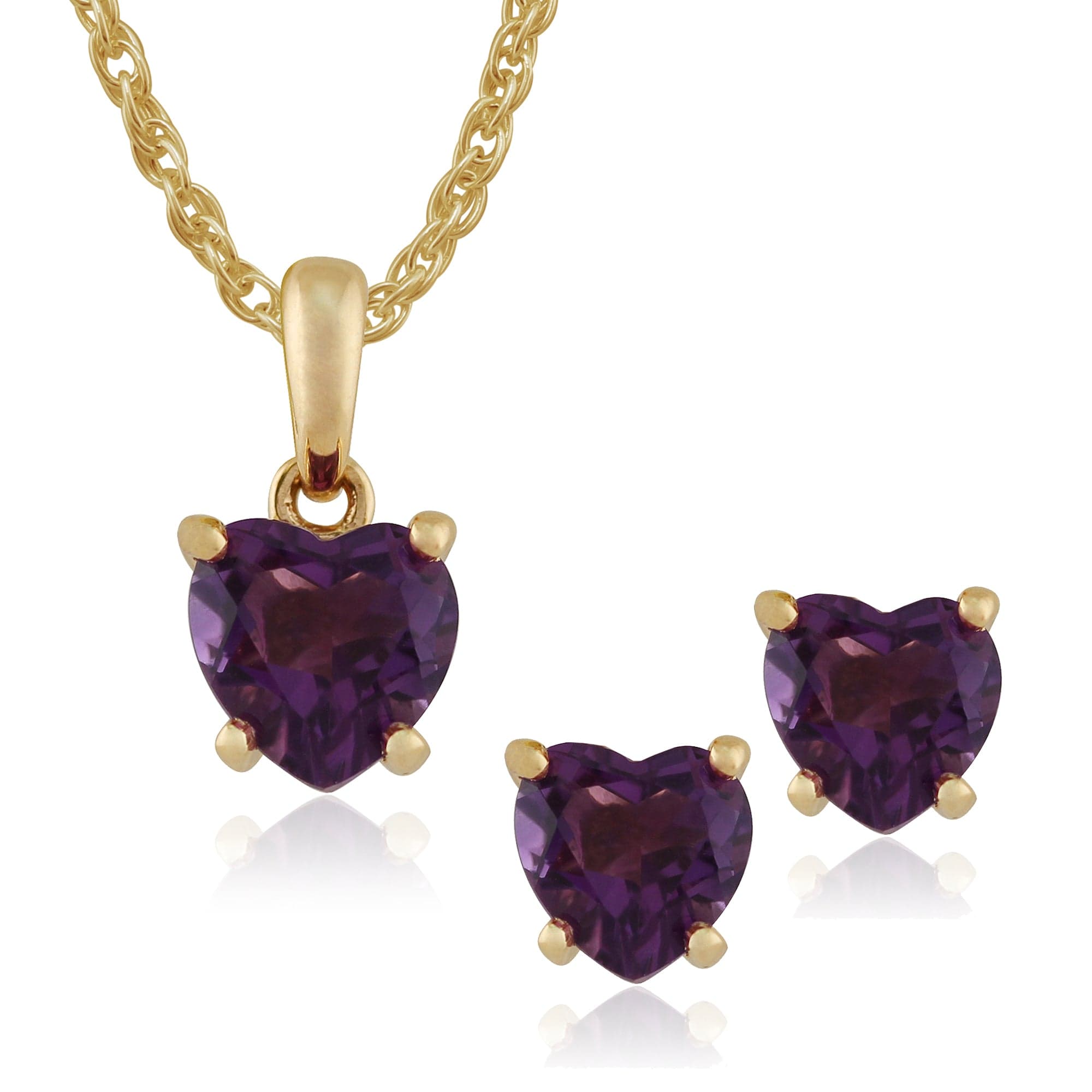 181E0735049-135P1463049 Classic Heart Amethyst Single Stone Love Heart Stud Earrings & pendant Set in 9ct Yellow Gold 1