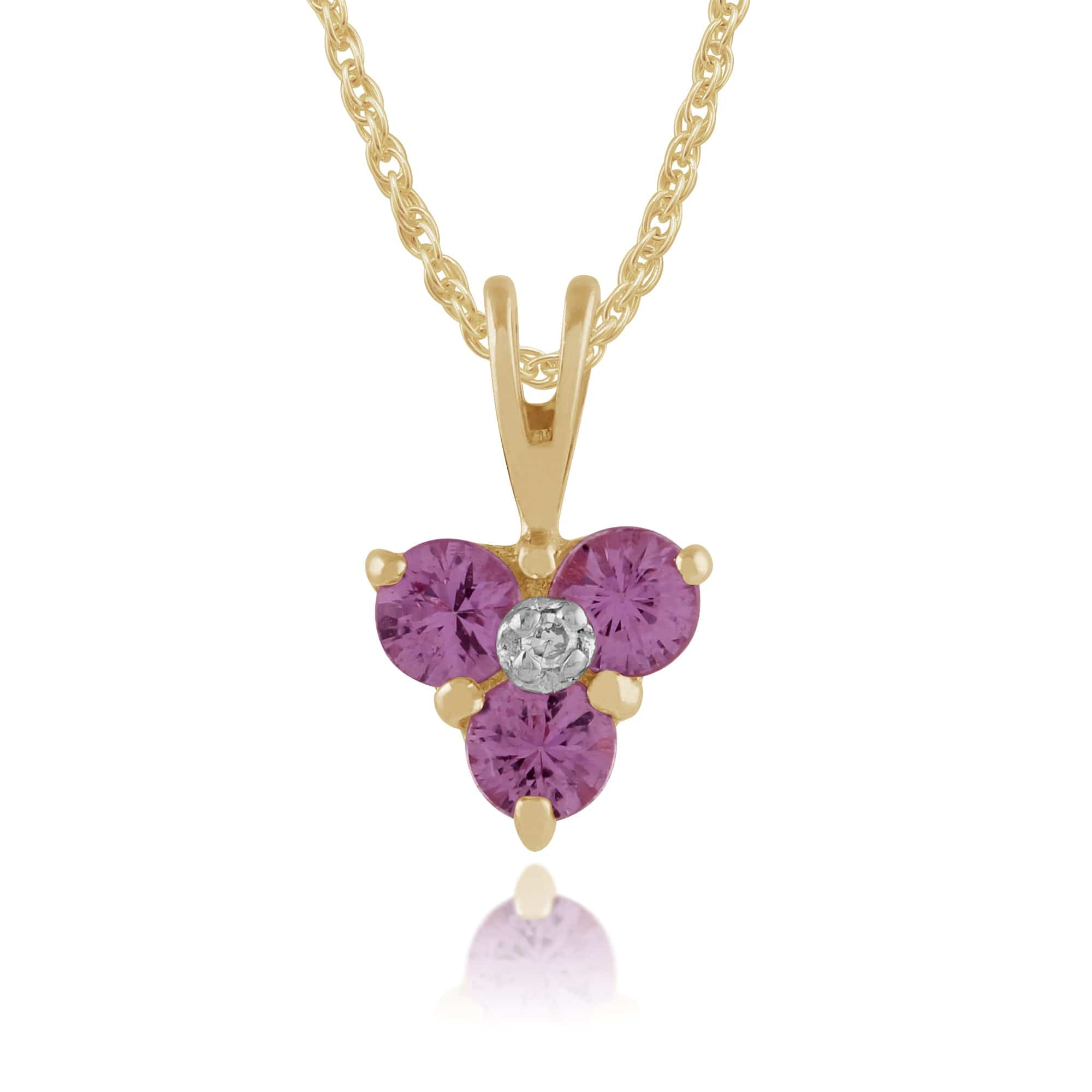 Classic Round Pink Sapphire & Diamond Cluster Pendant in 9ct Yellow Gold - Gemondo