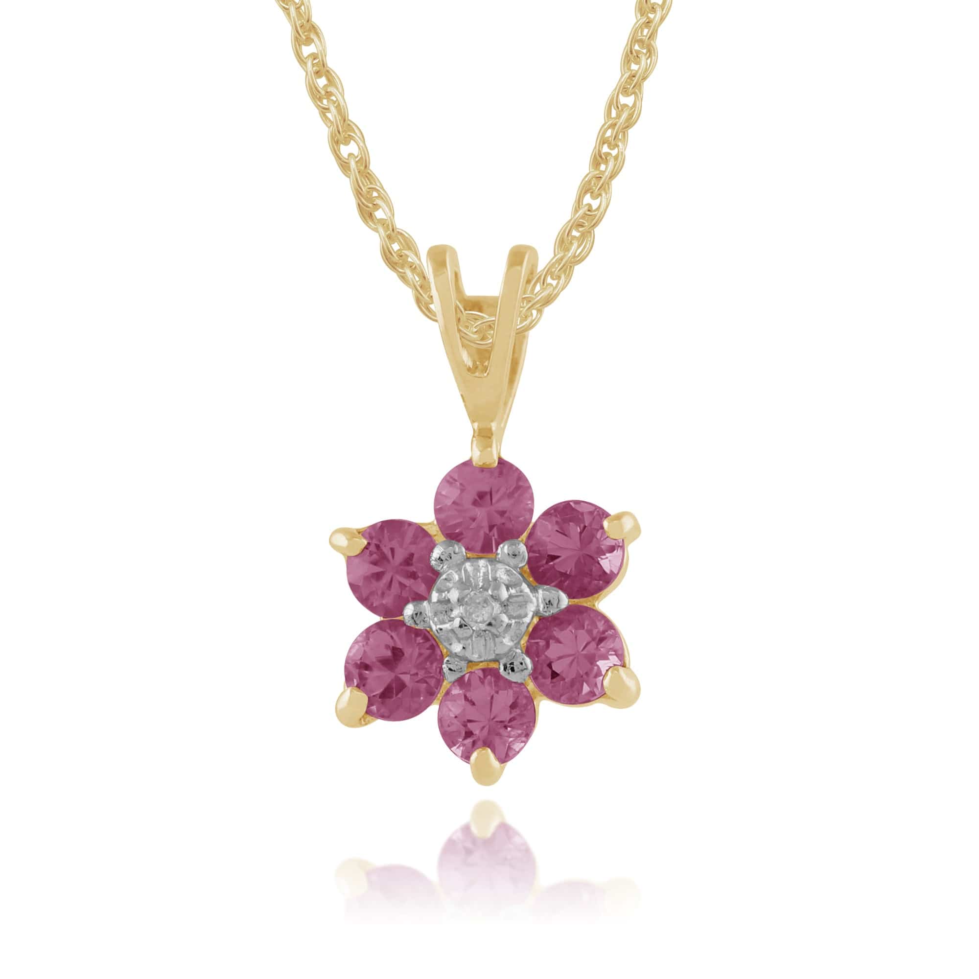 Floral Round Pink Sapphire & Diamond Cluster Pendant in 9ct Yellow Gold - Gemondo