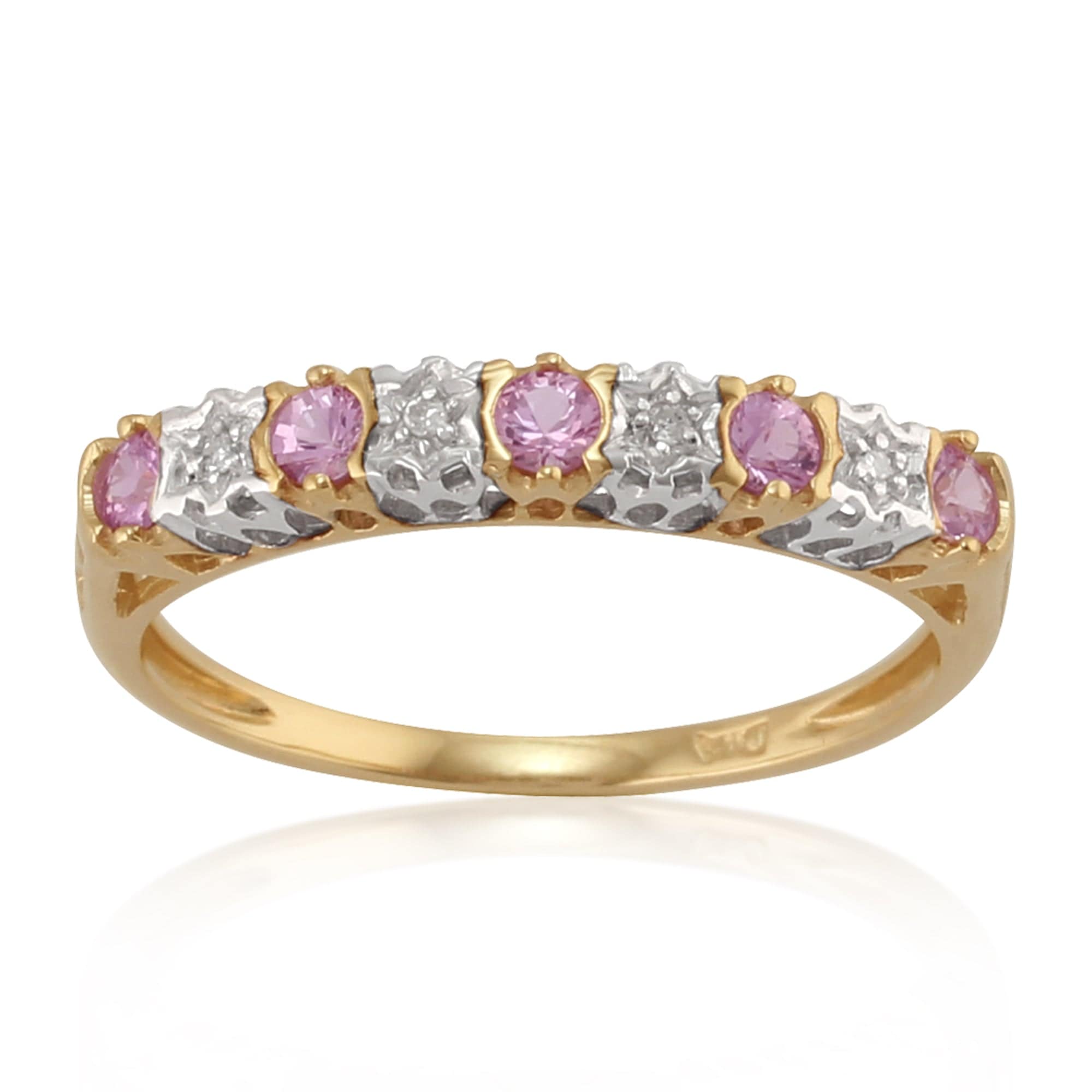 Classic Round Pink Sapphire & Diamond Half Eternity Ring in 9ct Yellow Gold - Gemondo