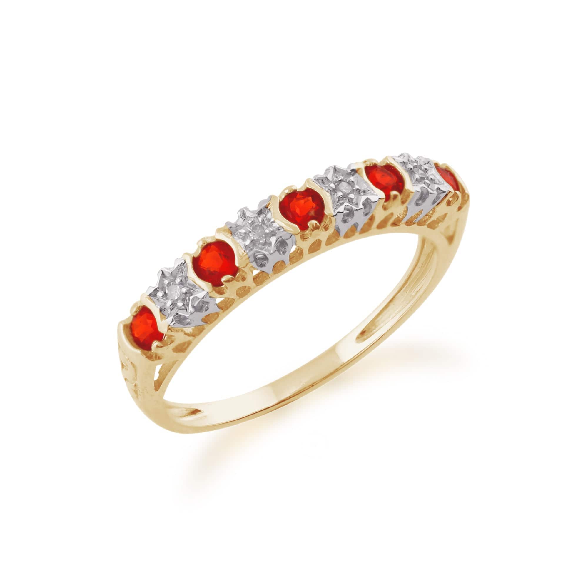 181R0853299 Classic Round Fire Opal & Diamond Half Eternity Ring in 9ct Yellow Gold 1