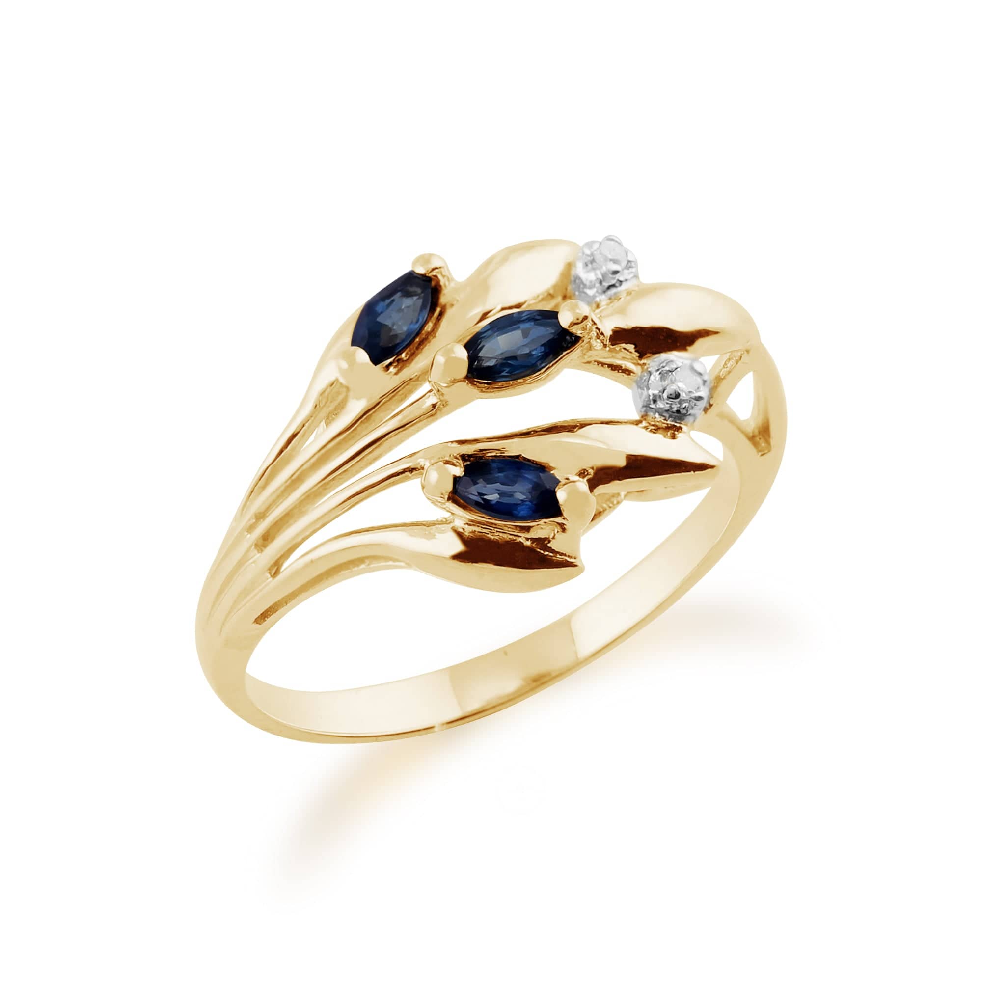 Floral 0.22ct Marquise Sapphire & Diamond Ring in 9ct Yellow Gold