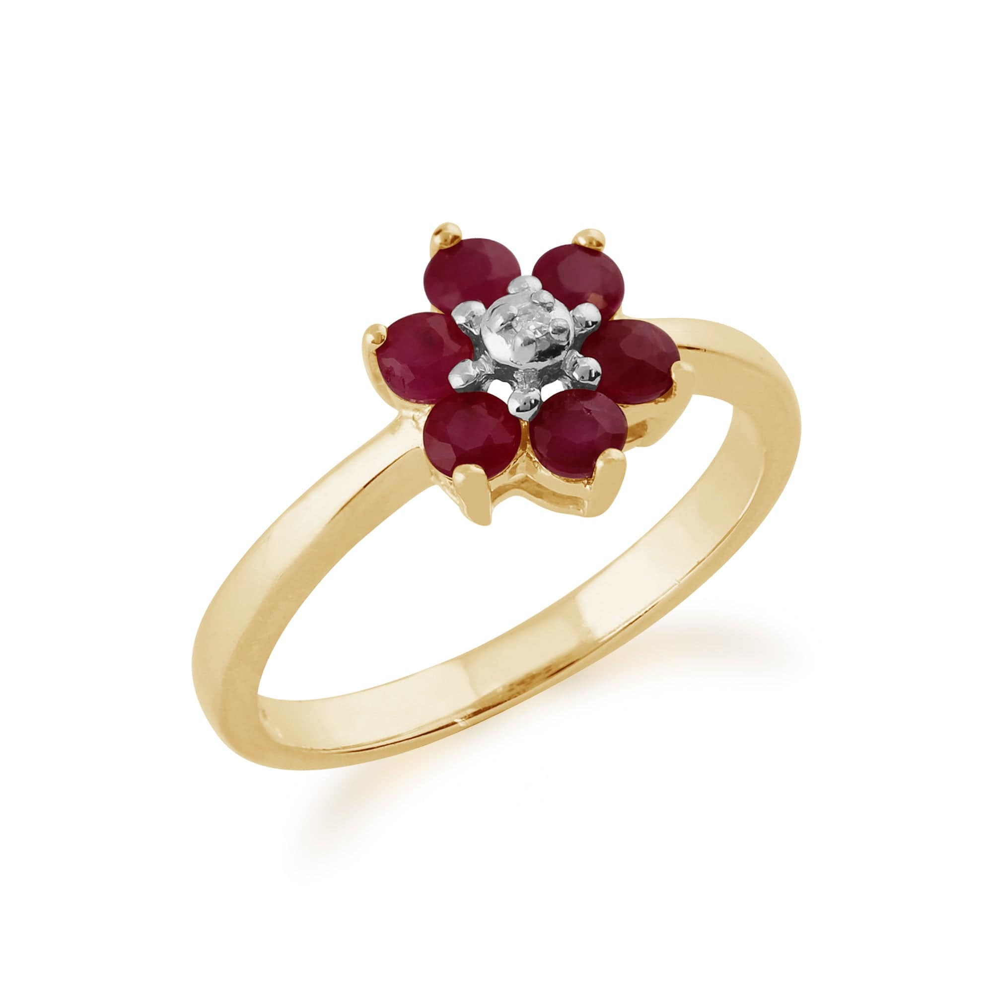 Floral Round Ruby & Diamond Cluster Ring in 9ct Yellow Gold - Gemondo