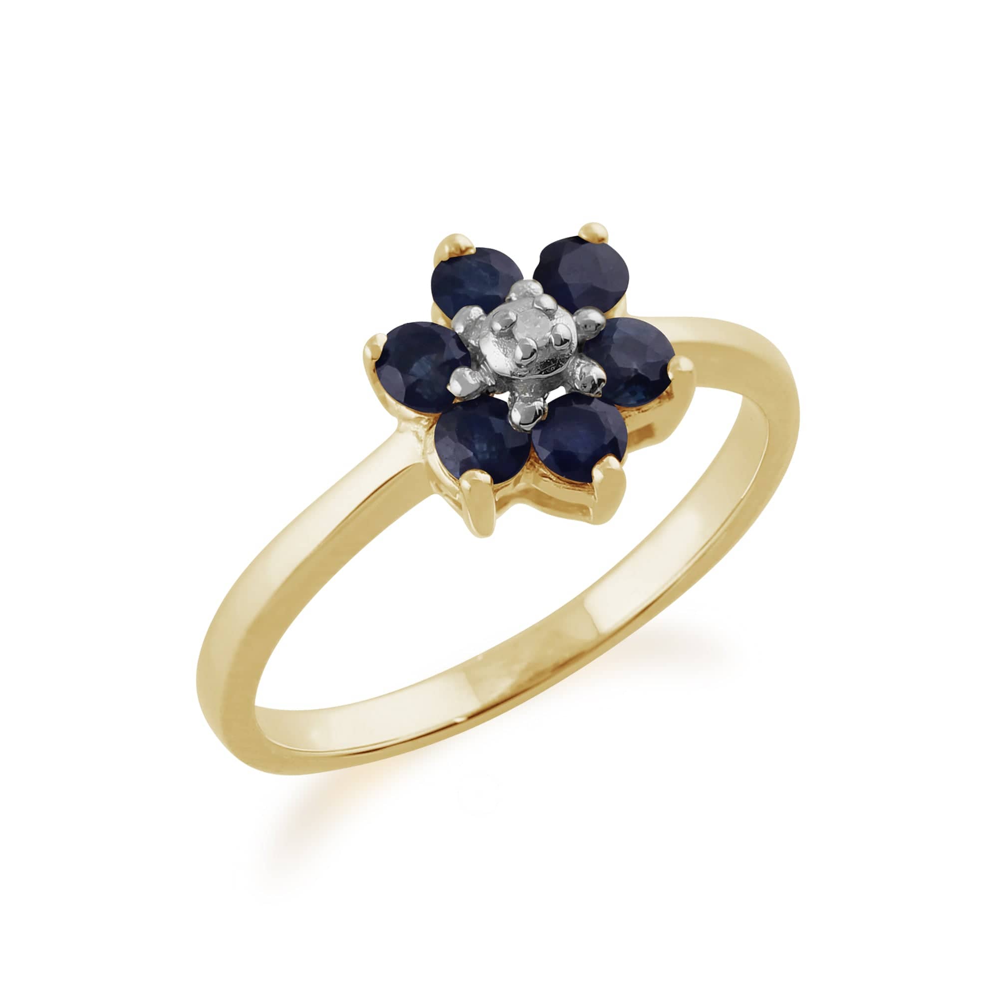 Floral Round Sapphire & Diamond Cluster Ring in 9ct Yellow Gold