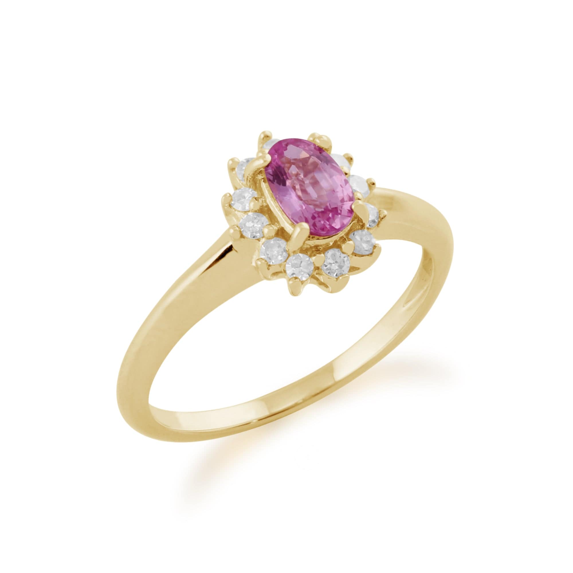 Classic Oval Pink Sapphire & Diamond Cluster Ring in 9ct Yellow Gold Side 
