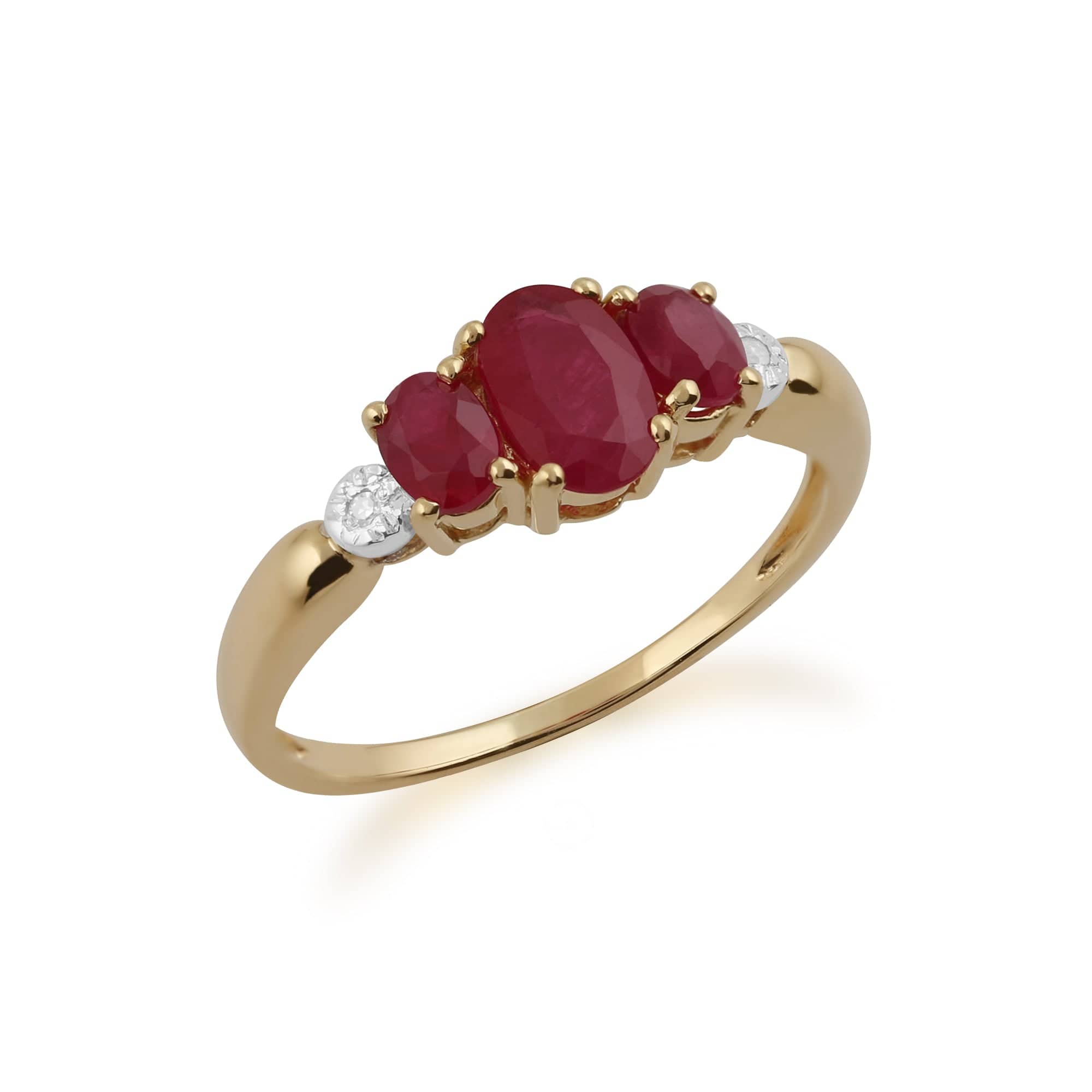Classic Oval Ruby & Diamond Trilogy Ring in 9ct Yellow Gold - Gemondo