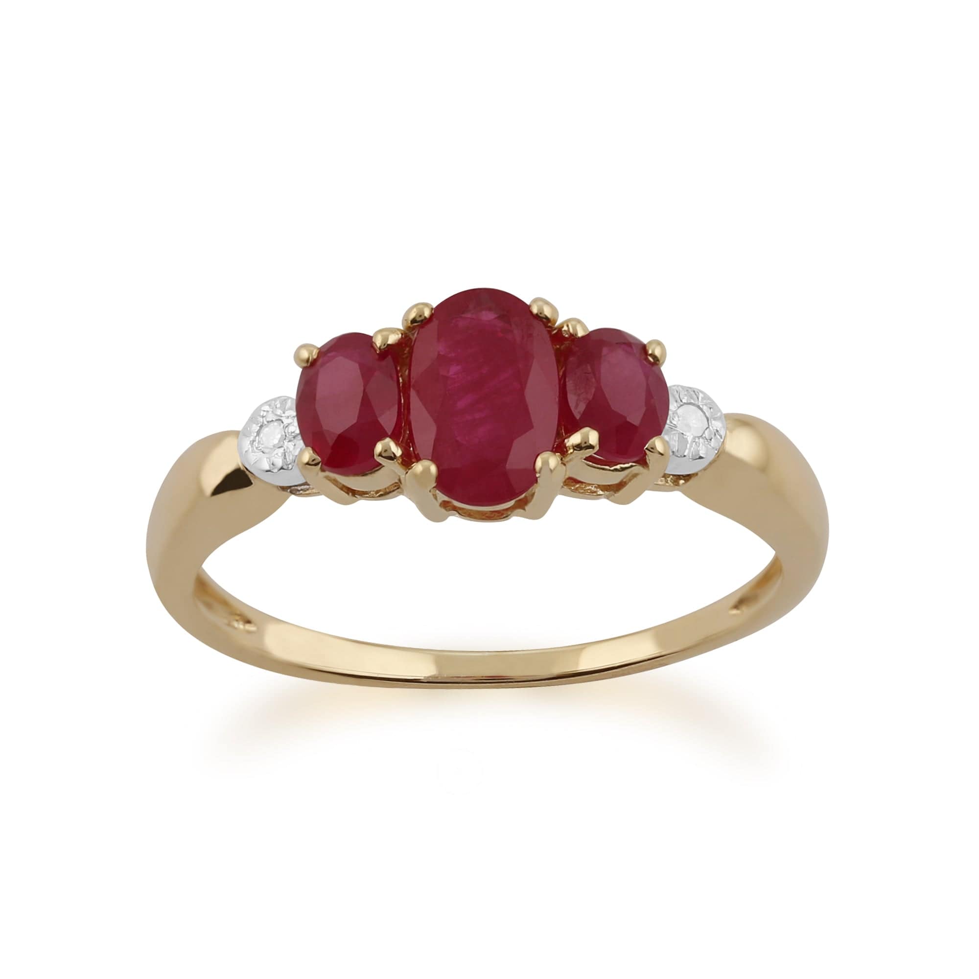 Classic Oval Ruby & Diamond Trilogy Ring in 9ct Yellow Gold - Gemondo