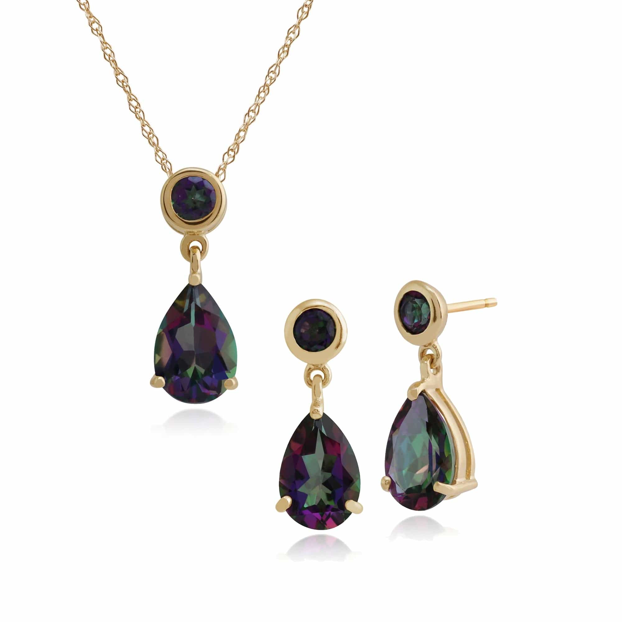 186E0148079-186P0188079 Classic Pear & Round Mystic Topaz Drop Earrings & Pendant Set in 9ct Gold 1