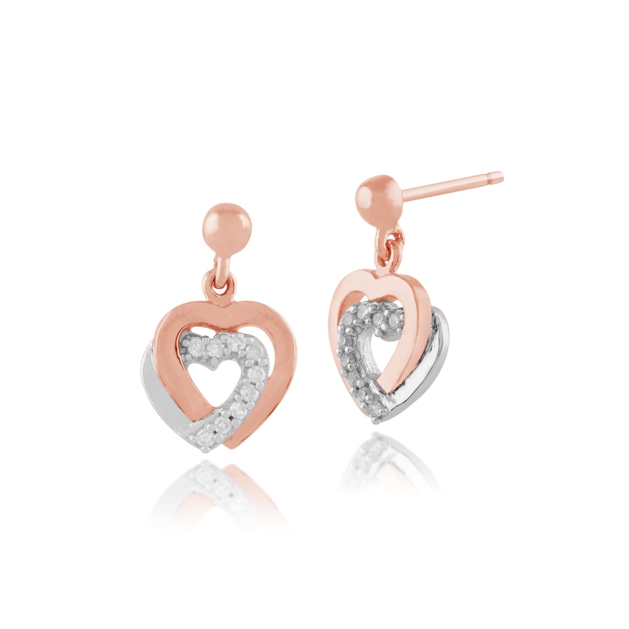 Classic Round Diamond Heart Drop Earrings in 9ct Rose Gold - Gemondo