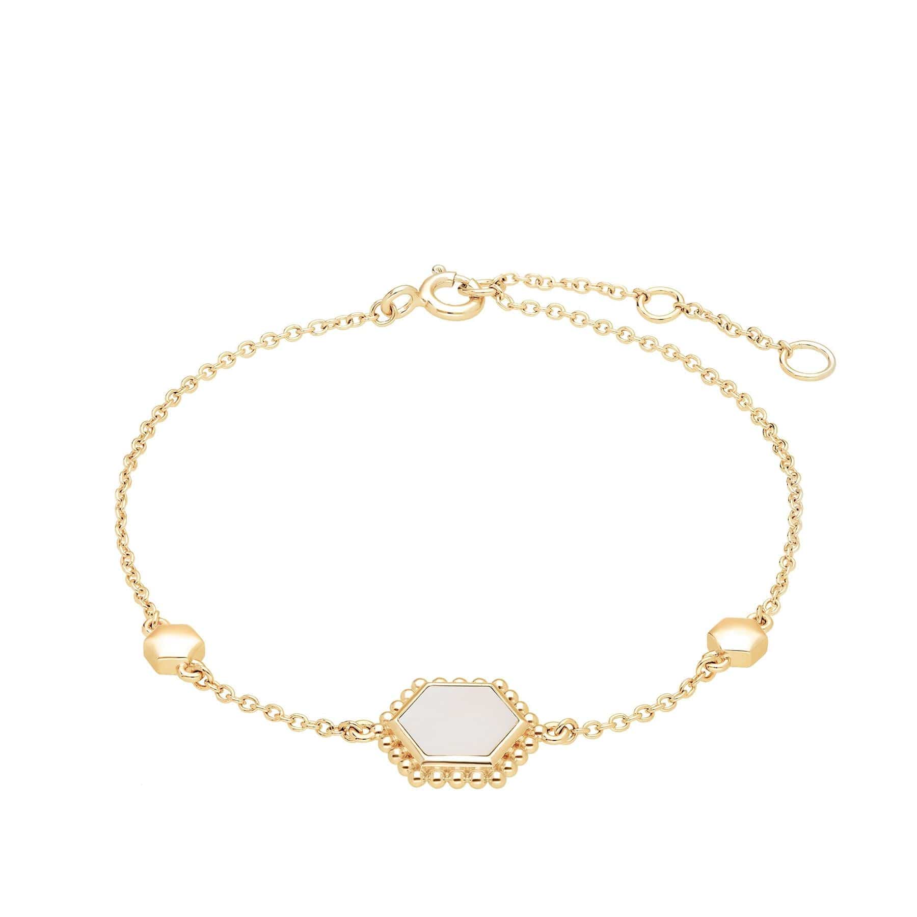 Mother of Pearl Flat Slice Hex Bracelet in Gold Plated Silver - Gemondo