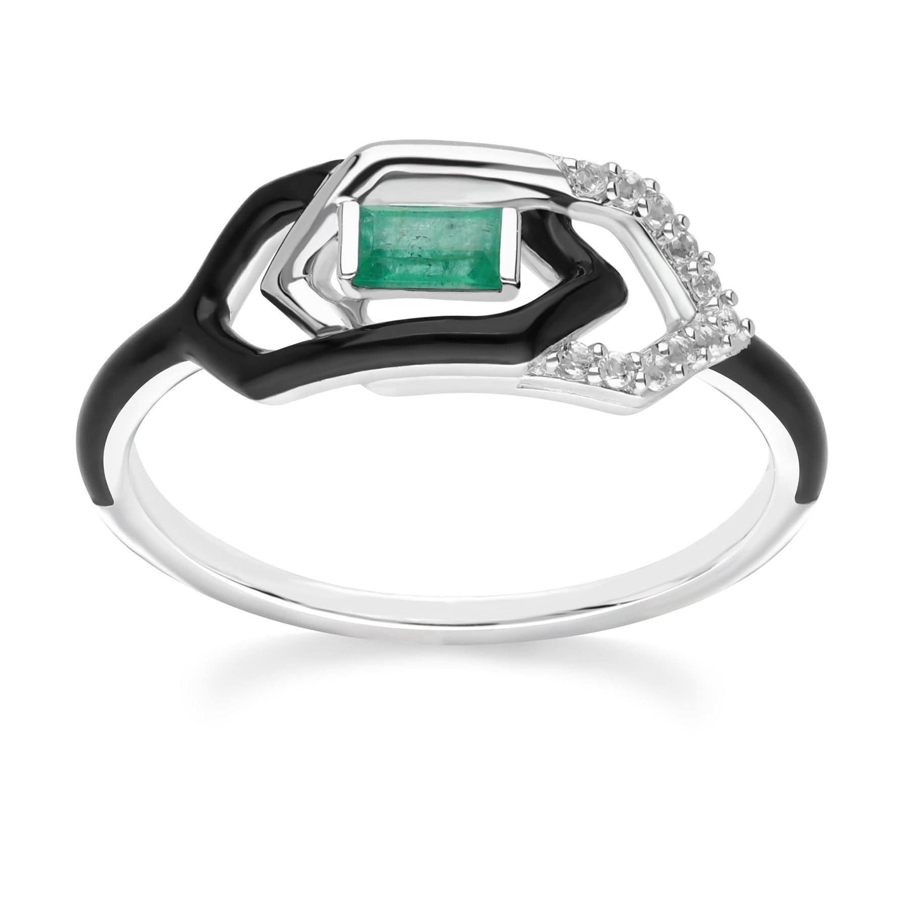 162R0415029 Grand Deco Enamel, White Topaz & Emerald Link Ring in 9ct White Gold 3