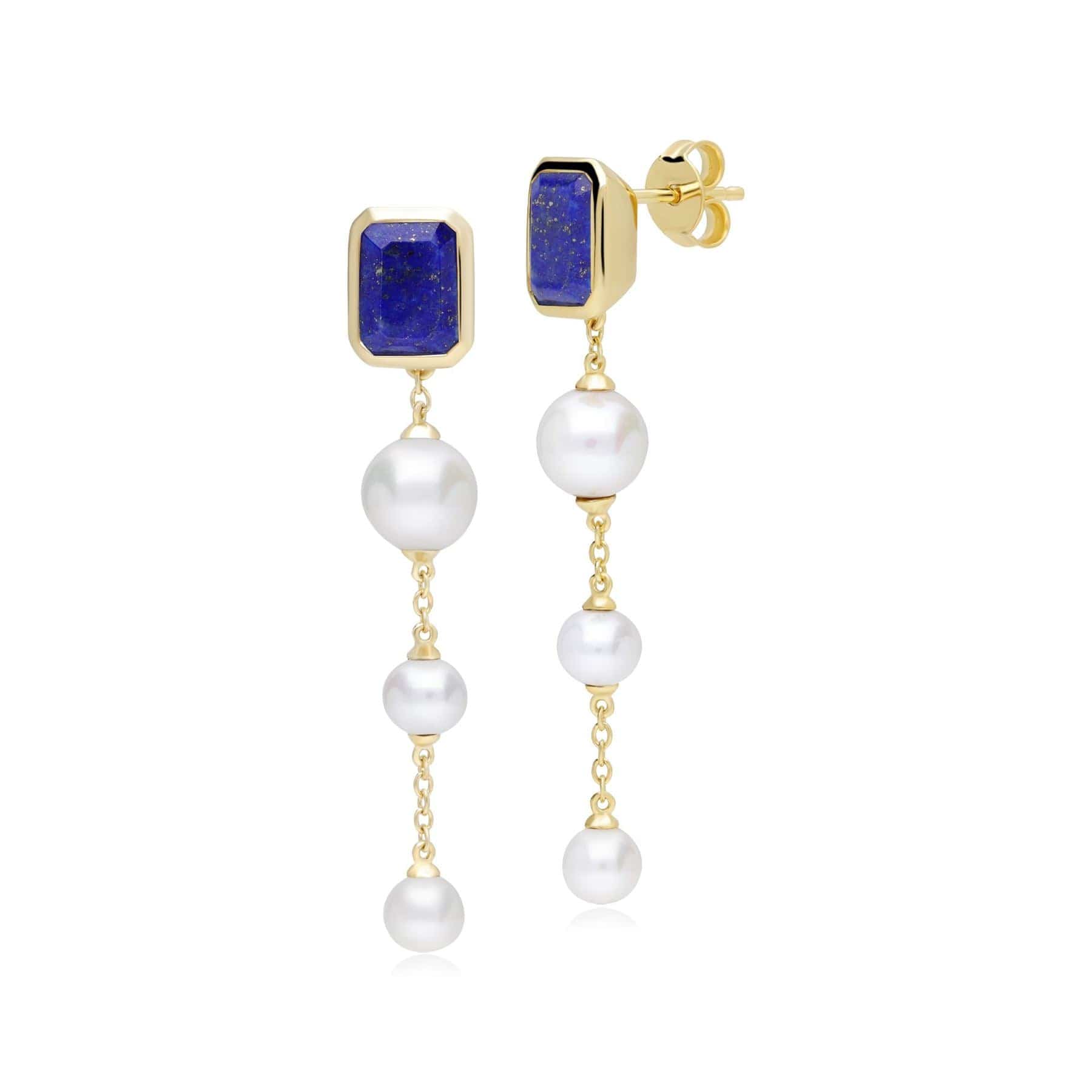 270E034001925 ECFEW™ Unifier Lapis Lazuli & Pearl Dangle Drop Earrings In Yellow Gold Plated Silver 1