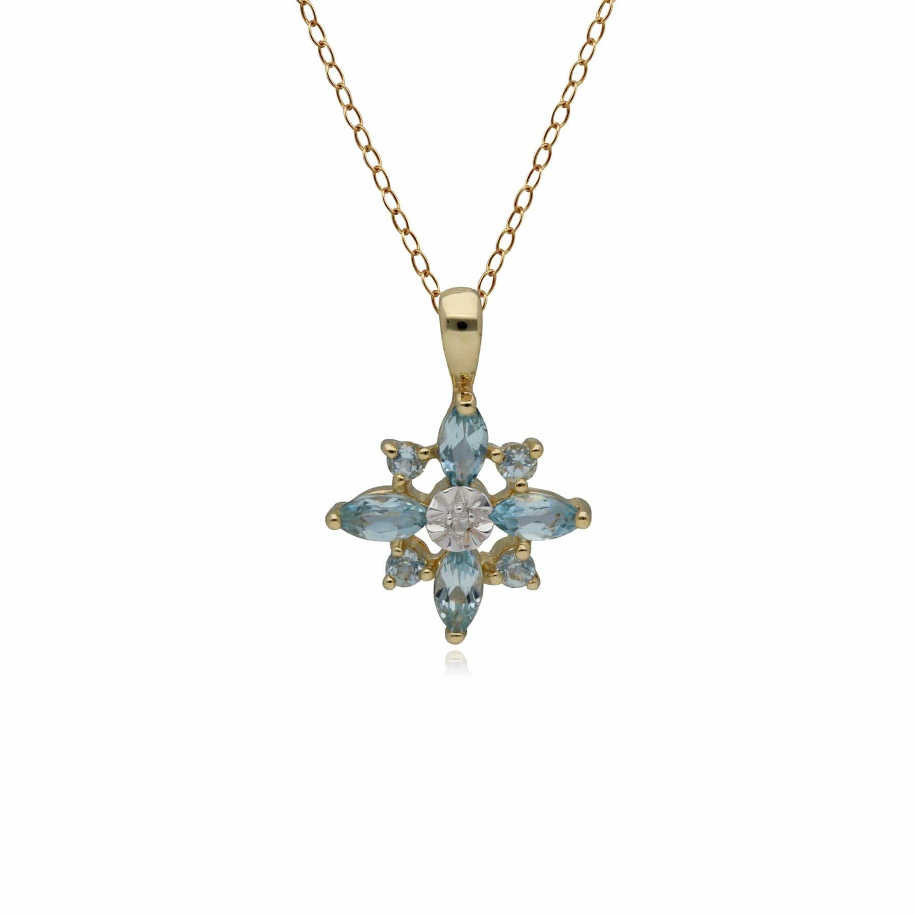 Classic Blue Topaz & Diamond Starburst Pendant in 9ct Yellow Gold - Gemondo