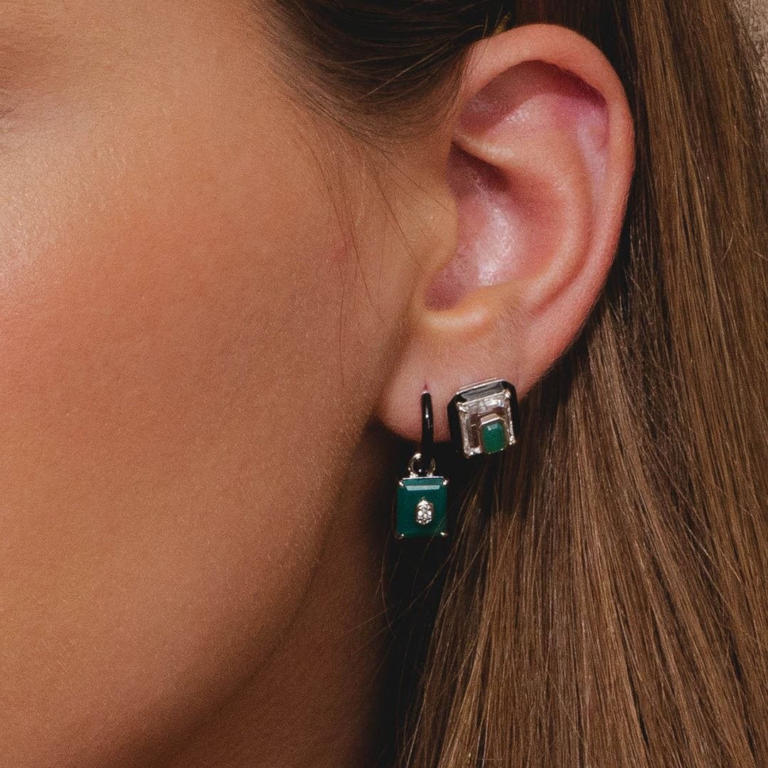 270E036901925 Grand Deco Black Enamel, Green Chalcedony & Topaz Dangle Hoop Earrings in Sterling Silver On Model