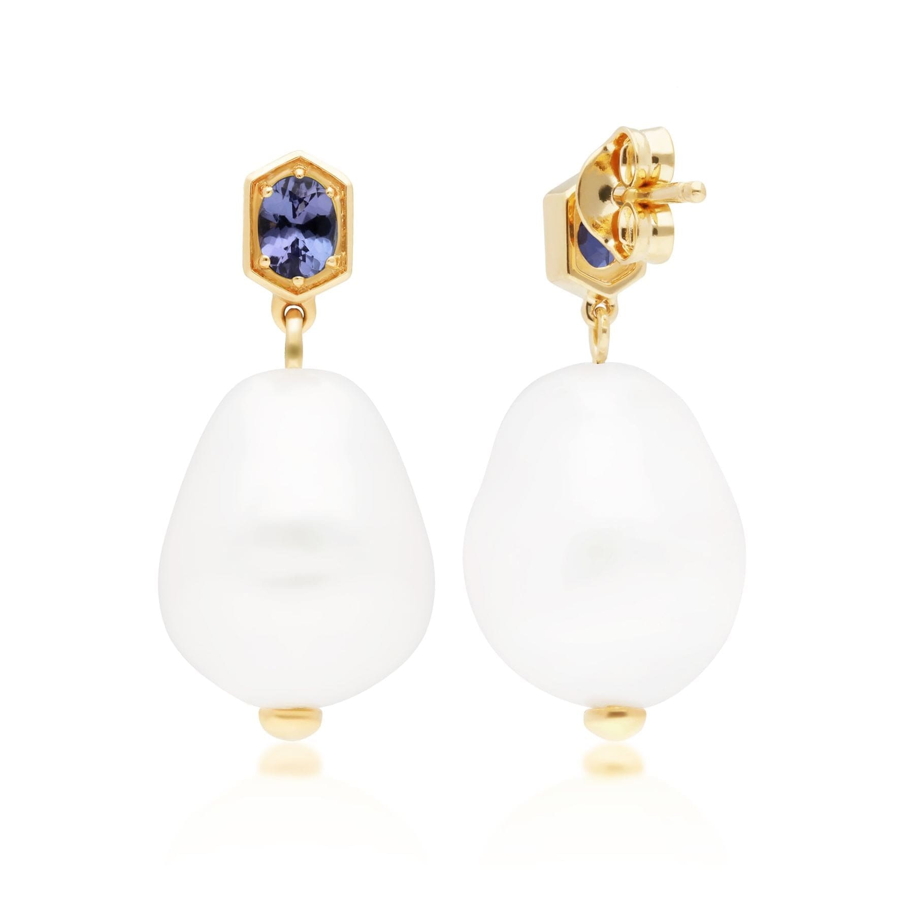 270E028209925 Modern Baroque Pearl & Tanzanite Drop Earrings in Gold Plated Silver 2