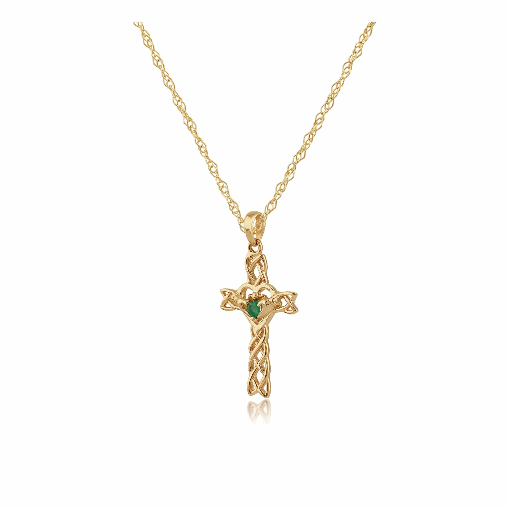 Classic Heart Emerald Claddagh Cross Pendant in 9ct Yellow Gold - Gemondo