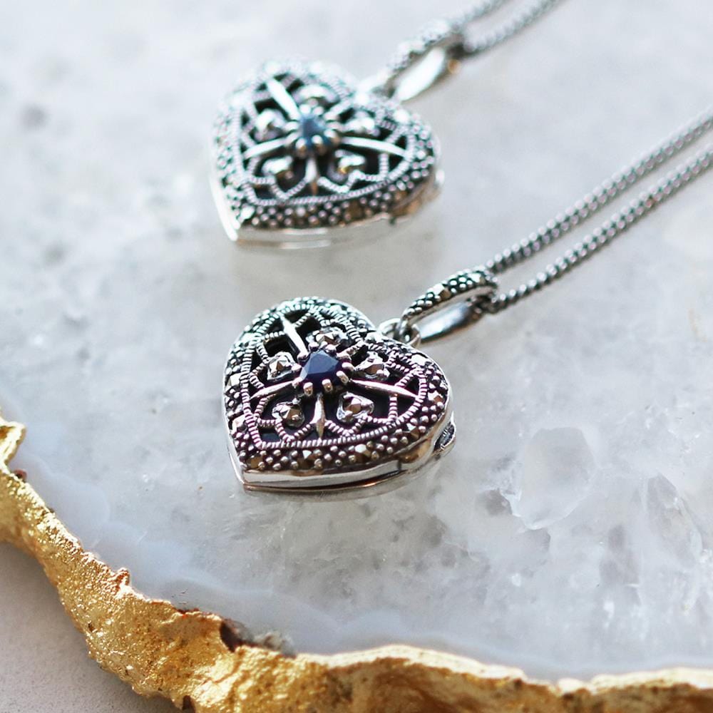 214N461912925 Art Nouveau Style Round Sapphire & Marcasite Heart Necklace in 925 Sterling Silver 2