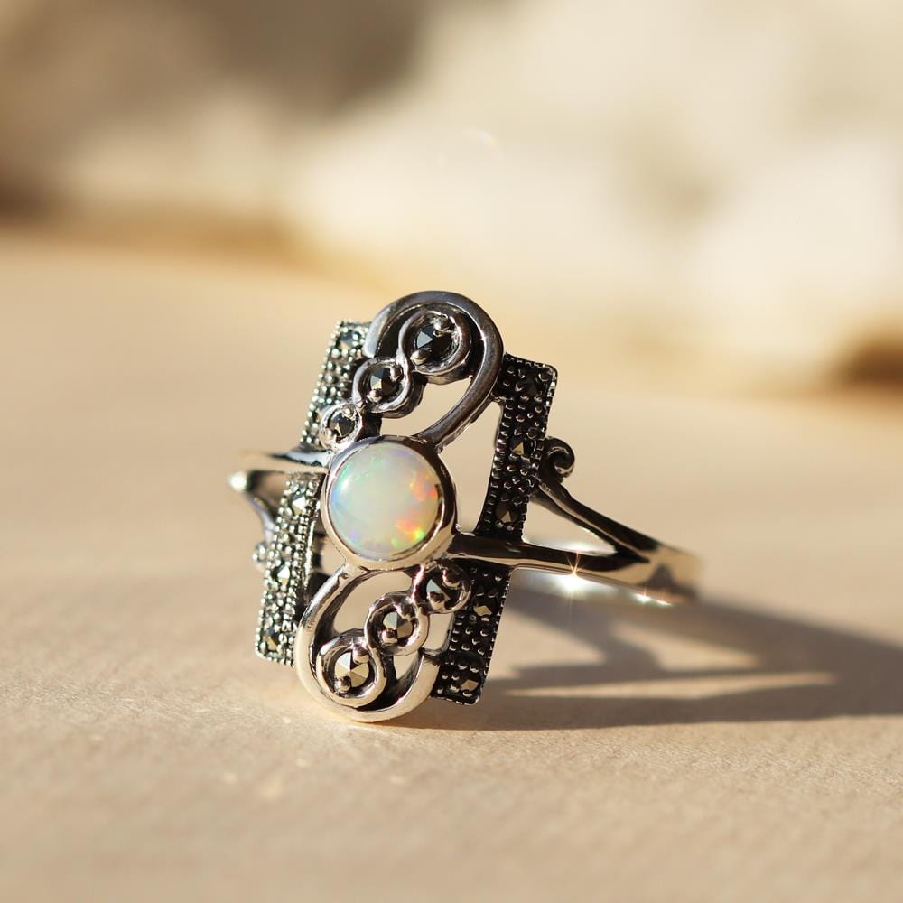 Art Nouveau Opal & Marcasite Silver Ring