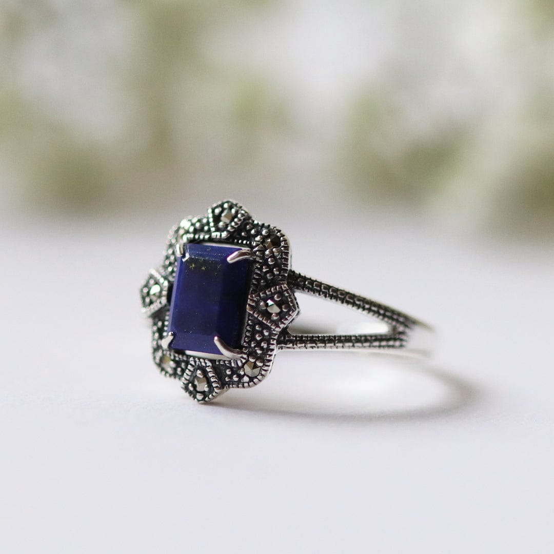 214R479008925 Art Deco Style Baguette Lapis Lazuli & Marcasite Ring in 925 Sterling Silver 3