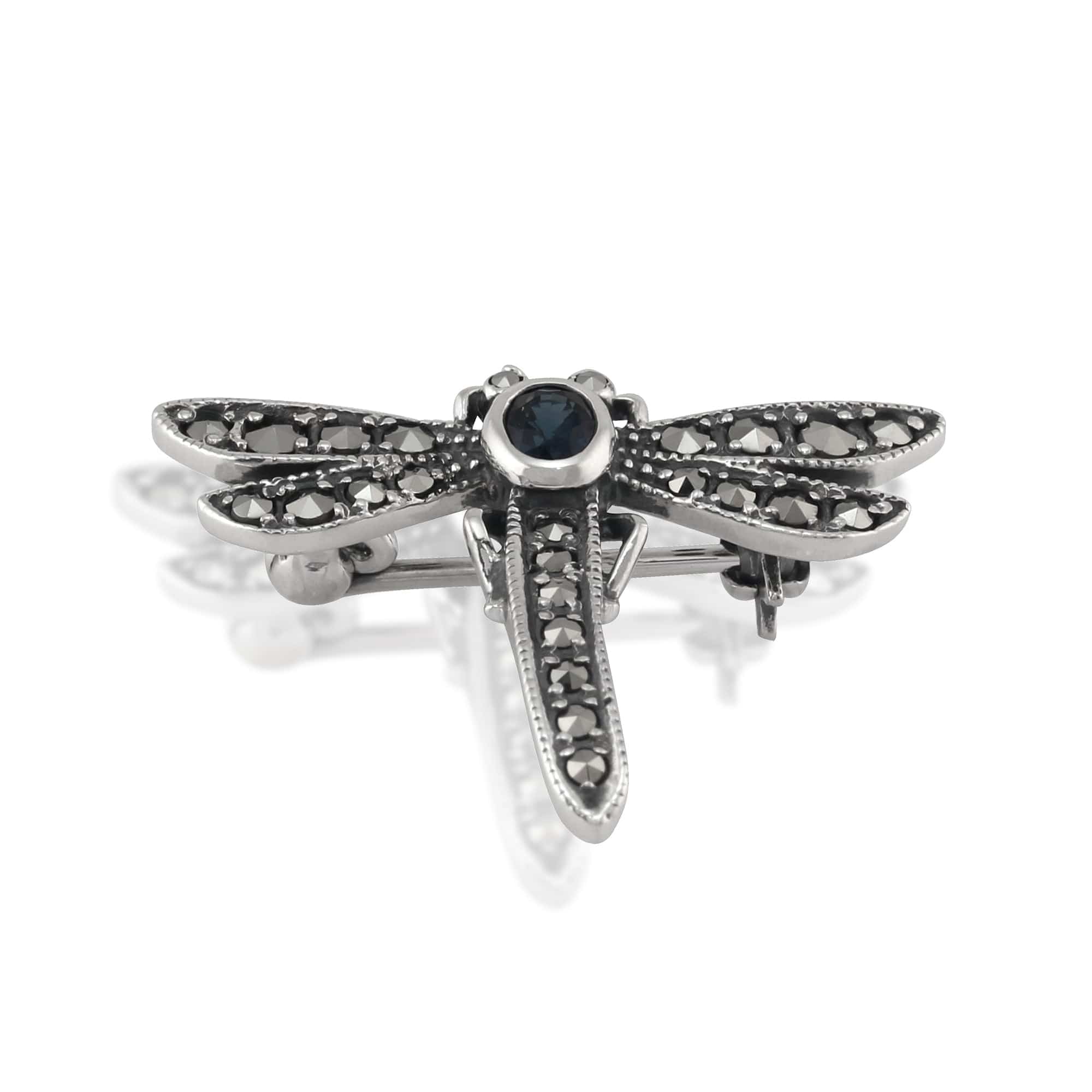 21881 Art Nouveau Style Oval Marcasite & Sapphire Dragonfly Brooch in 925 Sterling Silver 2