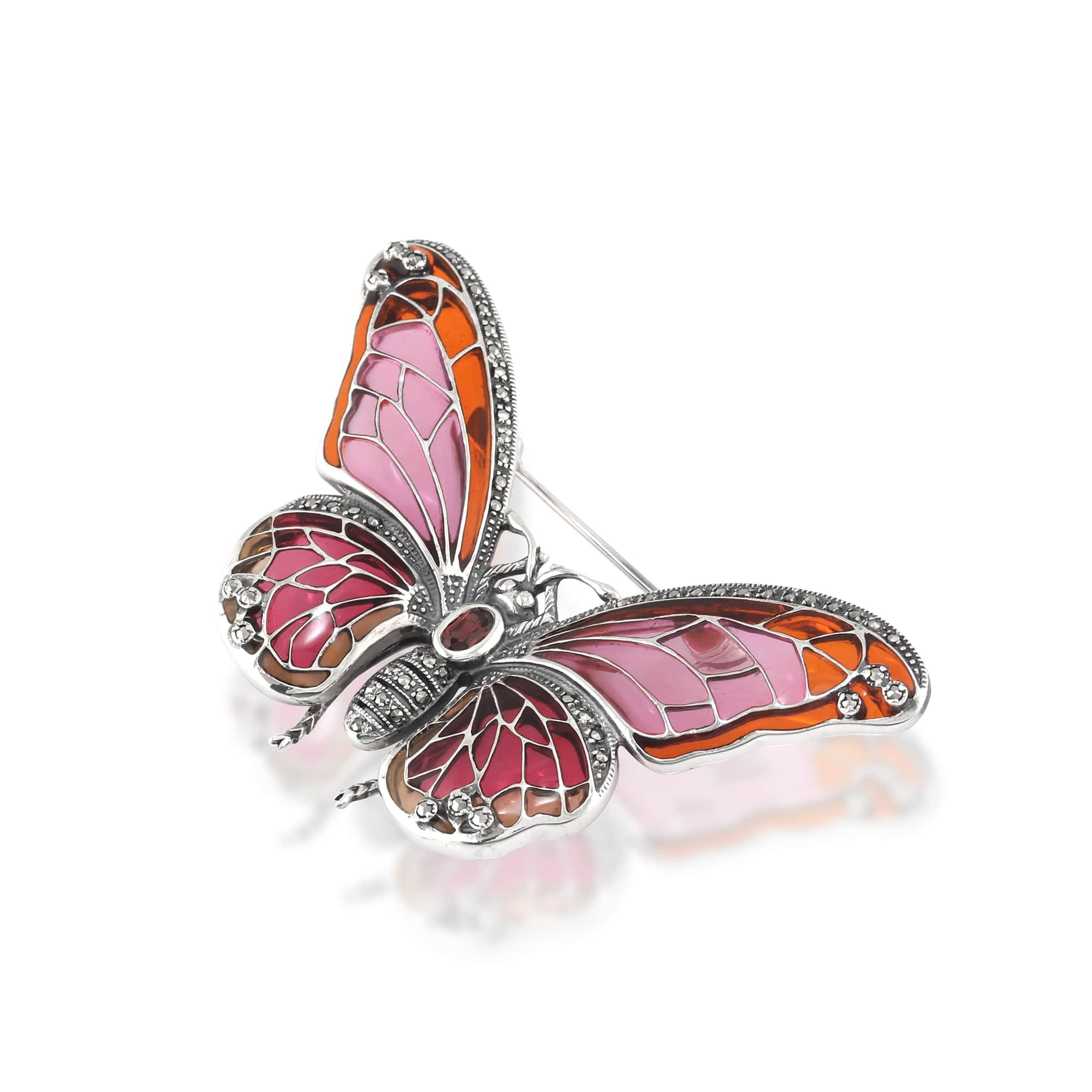 Art Nouveau Style Oval Marcasite, Garnet & Enamel Butterfly Brooch in 925 Sterling Silver - Gemondo
