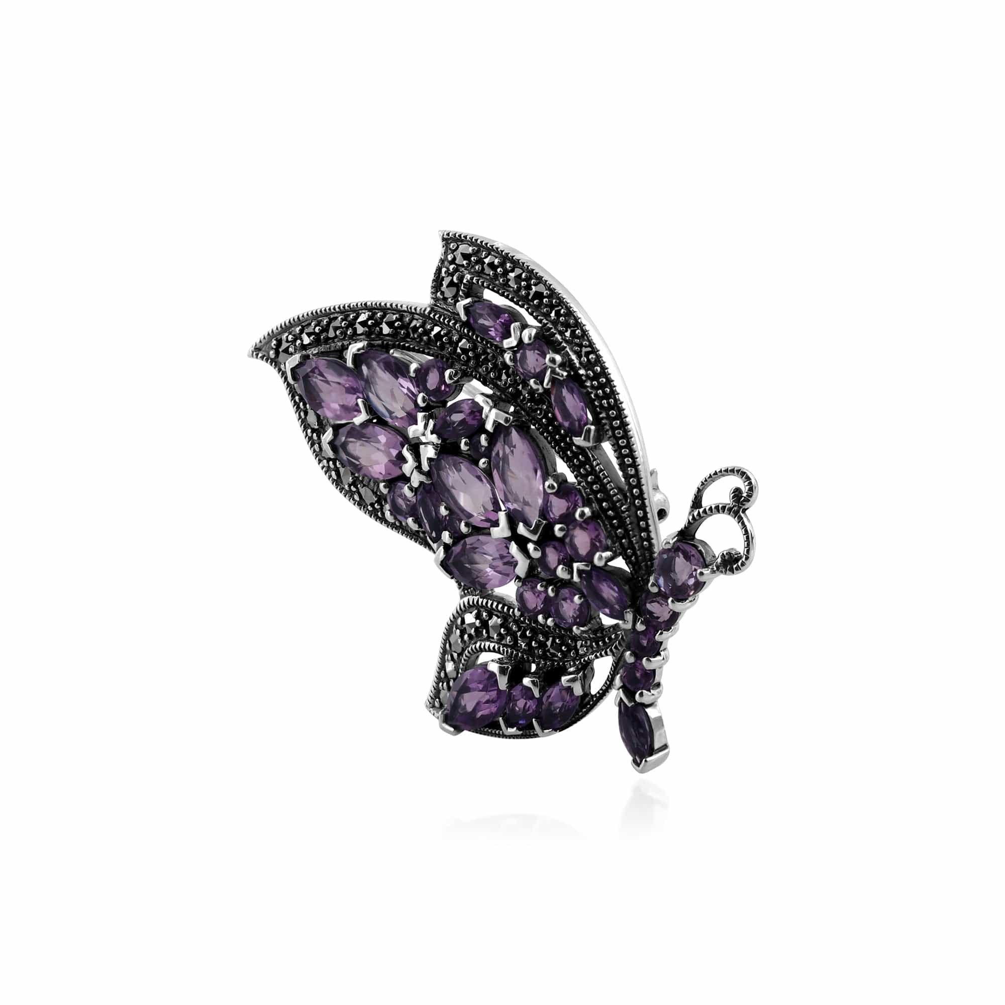 Art Nouveau Style Marquise Amethyst & Marcasite Flying Butterfly Brooch in 925 Sterling Silver - Gemondo