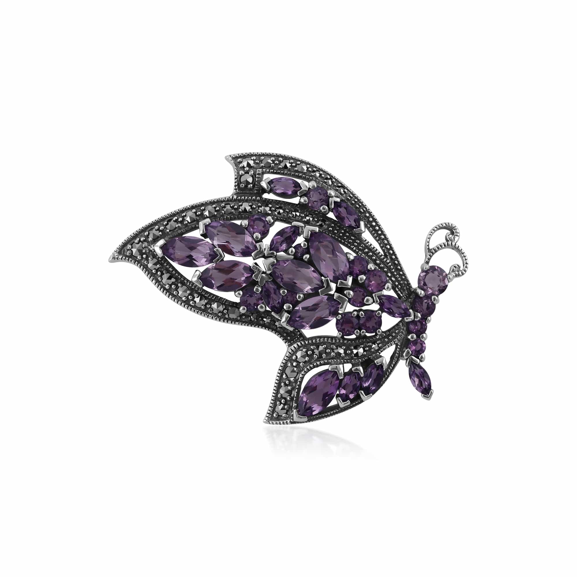 Art Nouveau Style Marquise Amethyst & Marcasite Flying Butterfly Brooch in 925 Sterling Silver - Gemondo