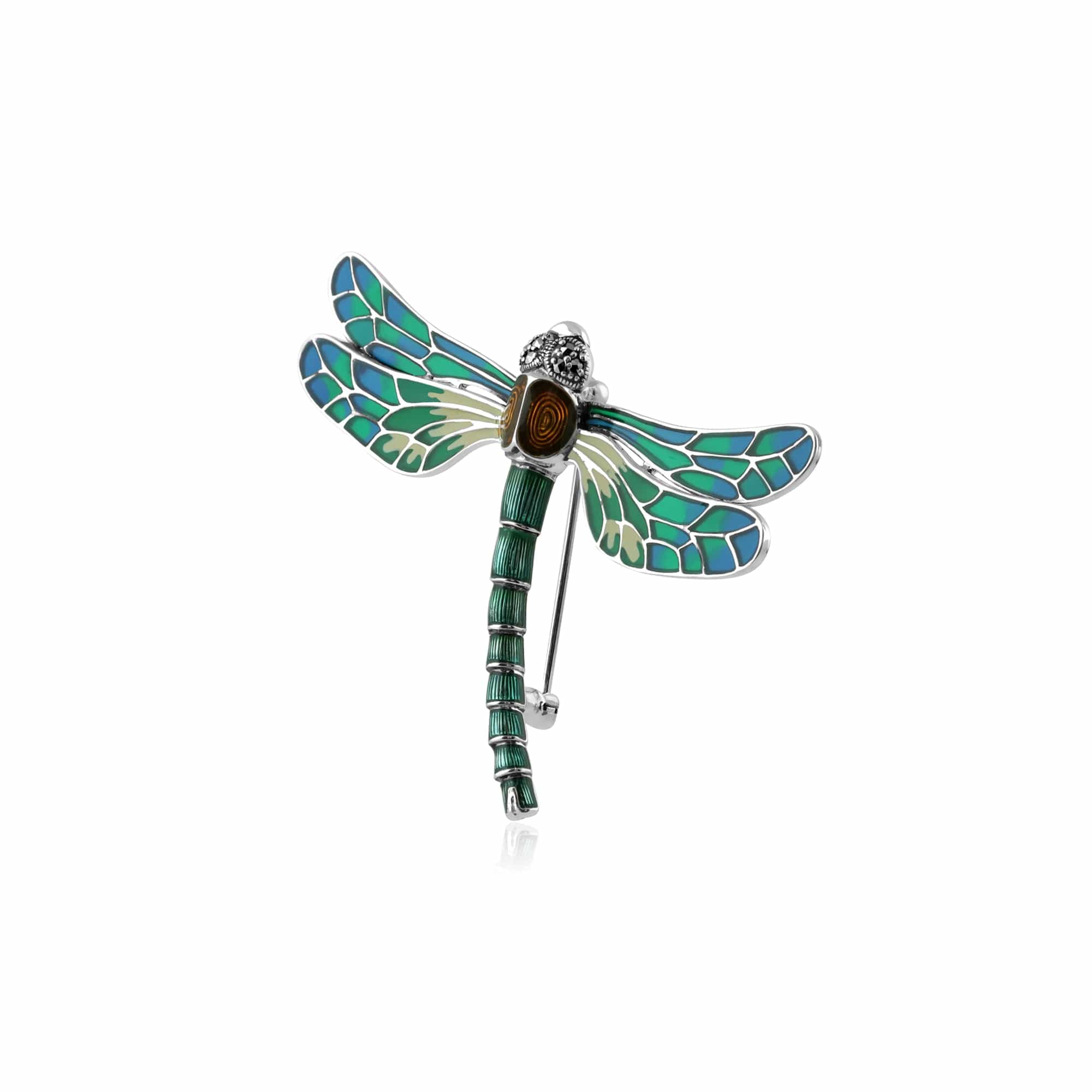 Art Nouveau Style Marcasite & Enamel Dragonfly Brooch in Sterling Silver - Gemondo