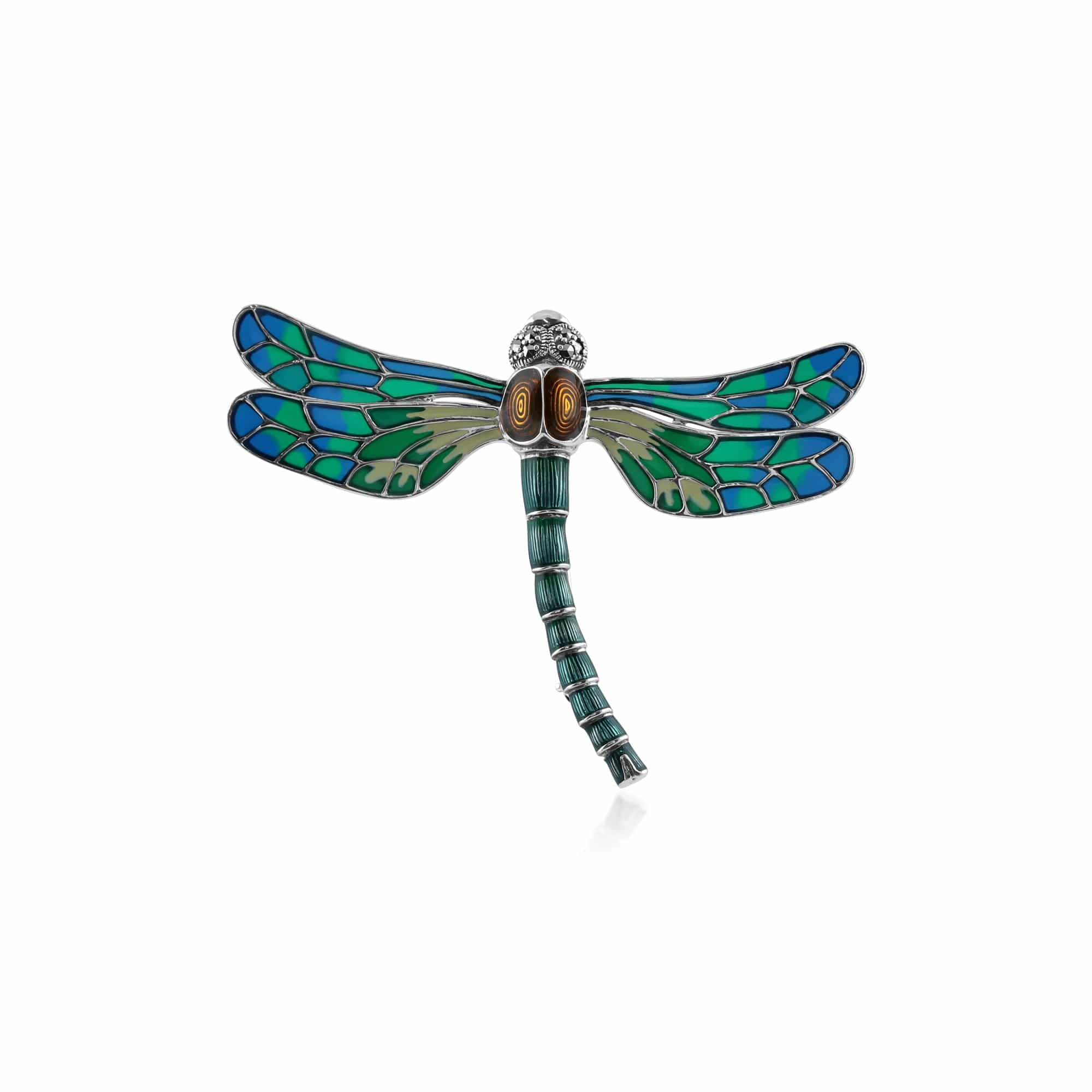 Art Nouveau Style Marcasite & Enamel Dragonfly Brooch in Sterling Silver - Gemondo