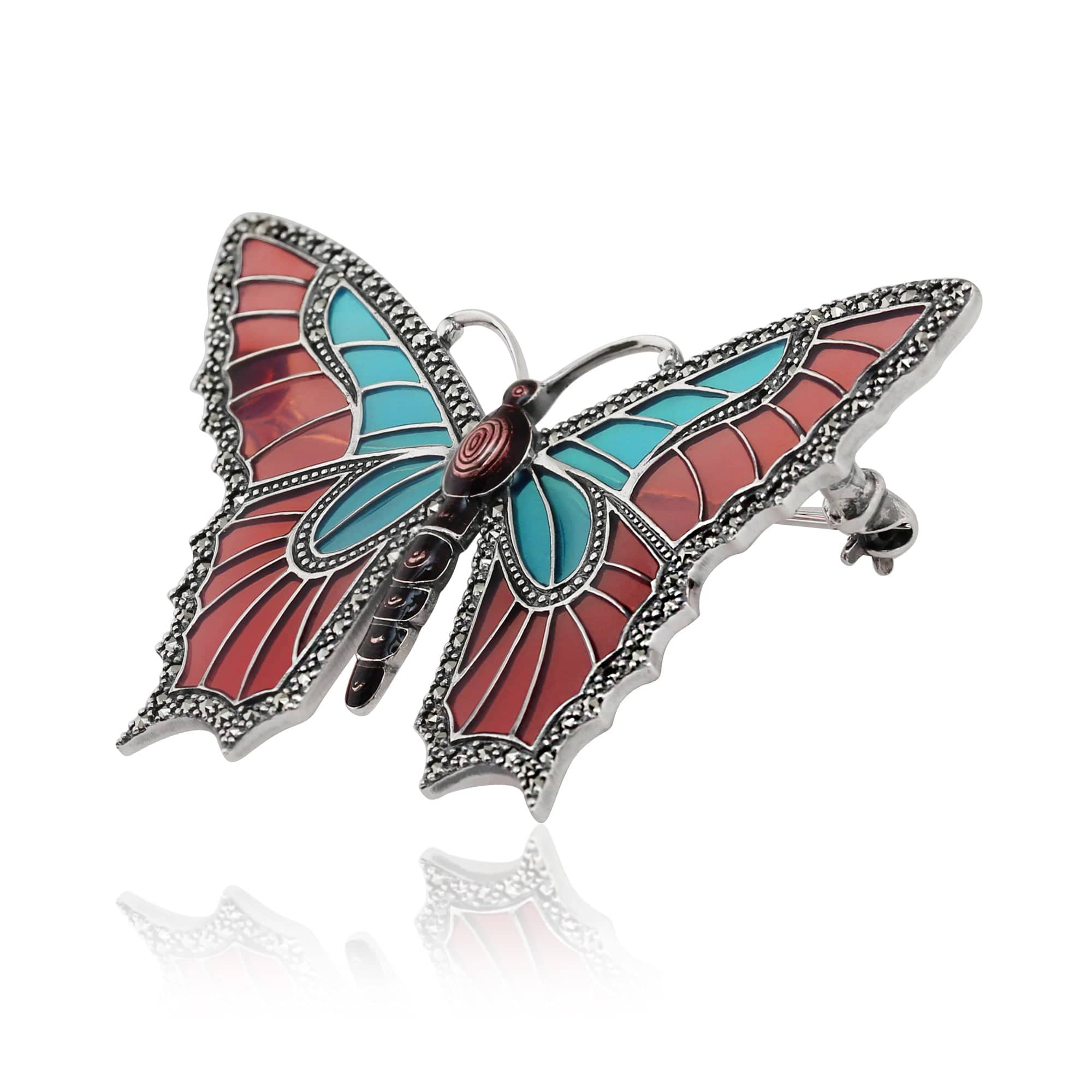 Art Nouveau Style Round Marcasite & Enamel Butterfly Brooch in 925 Sterling Silver - Gemondo