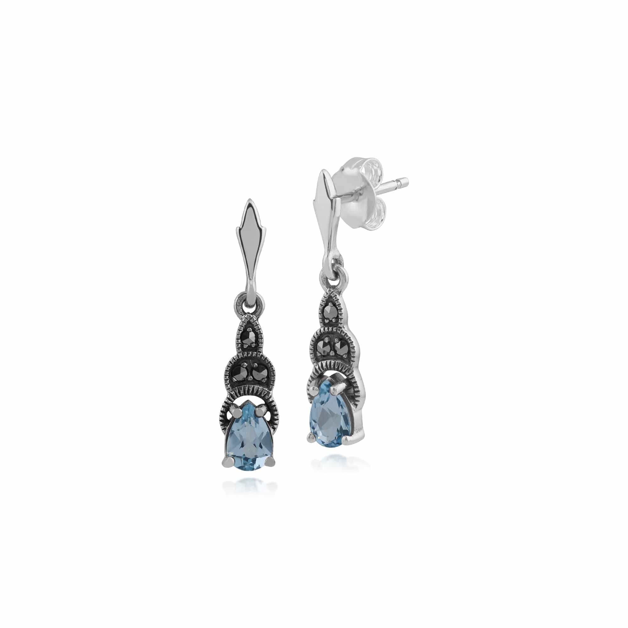 Art Deco Style Pear Blue Topaz & Marcasite Drop Earrings in 925 Sterling Silver - Gemondo