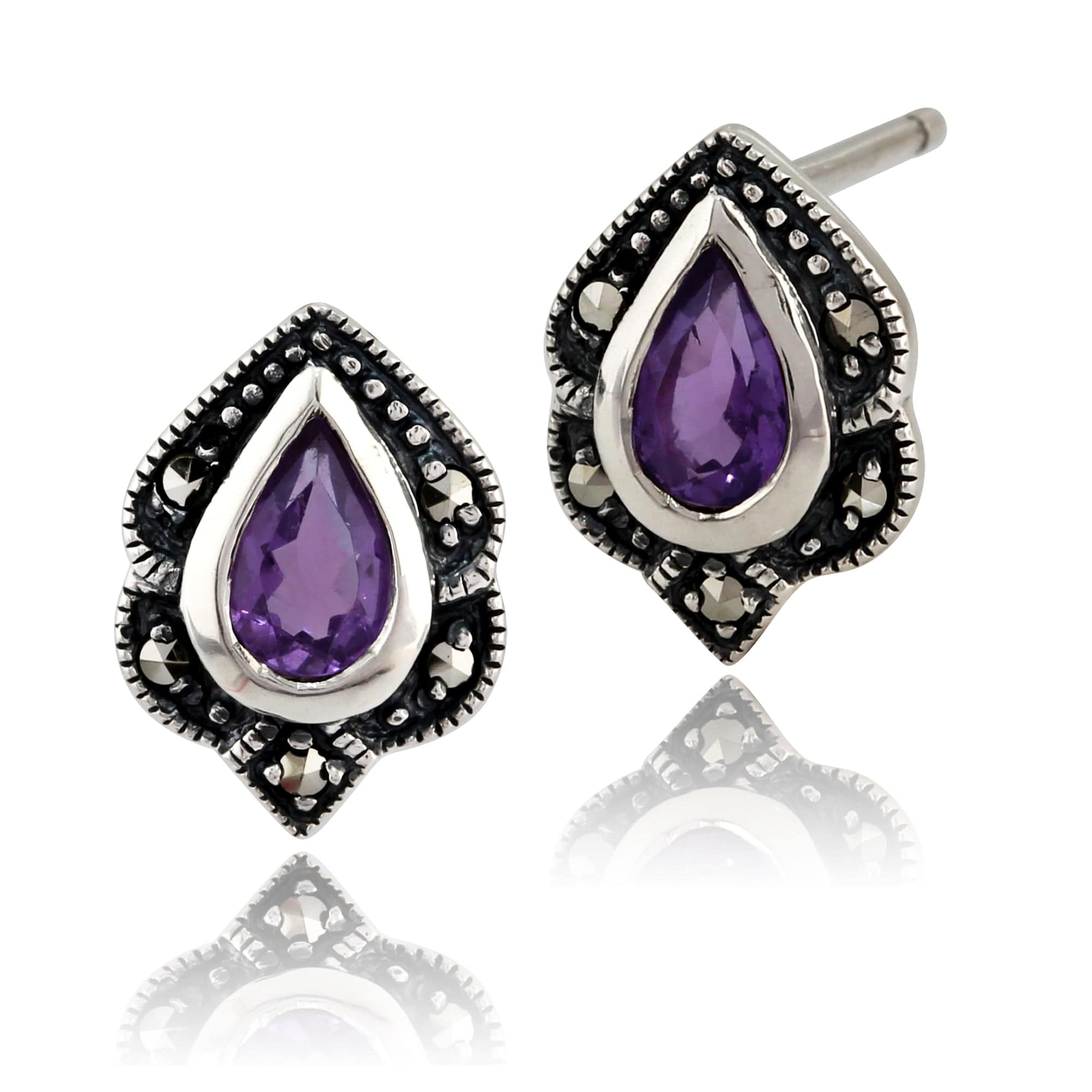 Art Nouveau Style Pear Amethyst & Marcasite Stud Earrings Silver