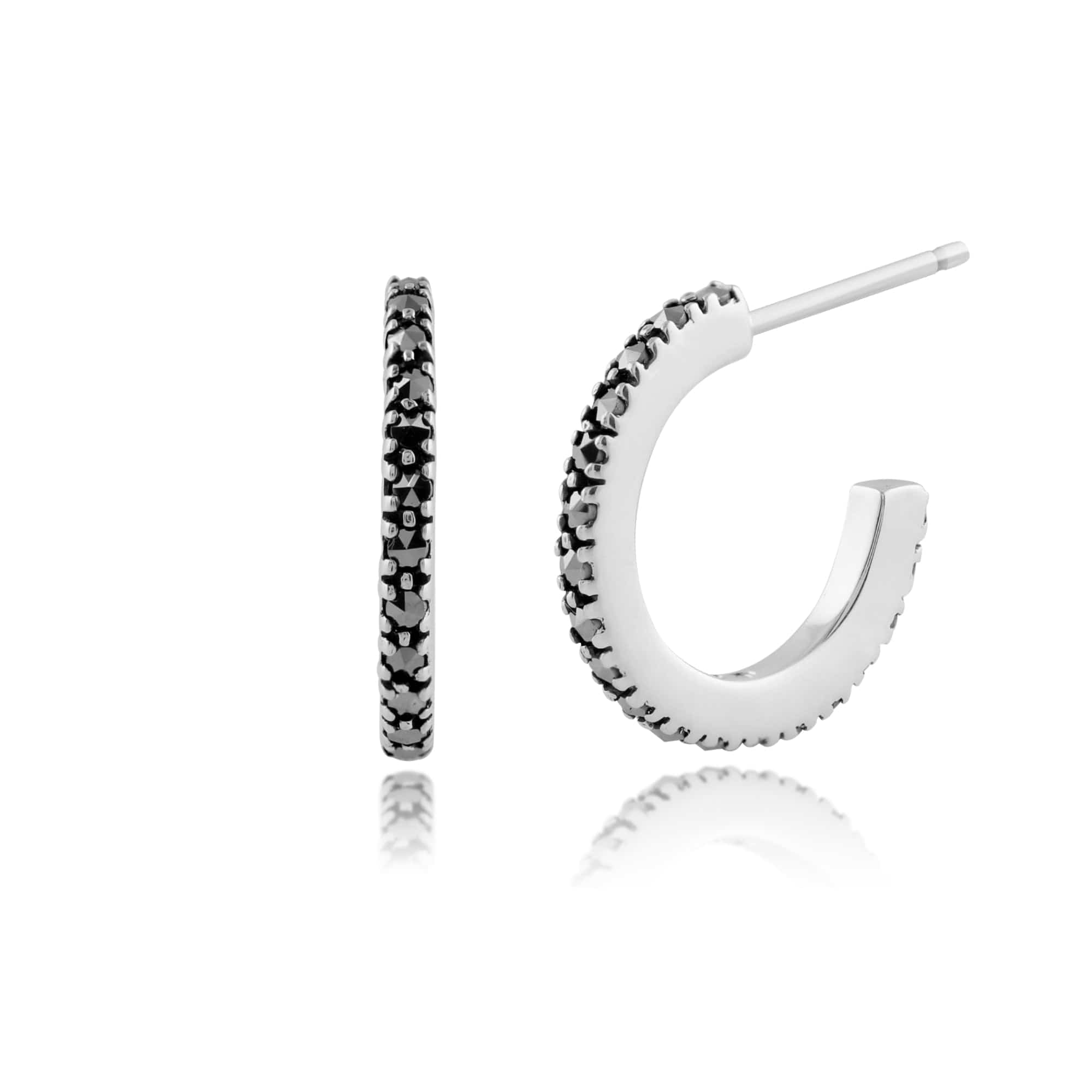 Classic Round Marcasite Half Hoop Silver Earrings - Gemondo