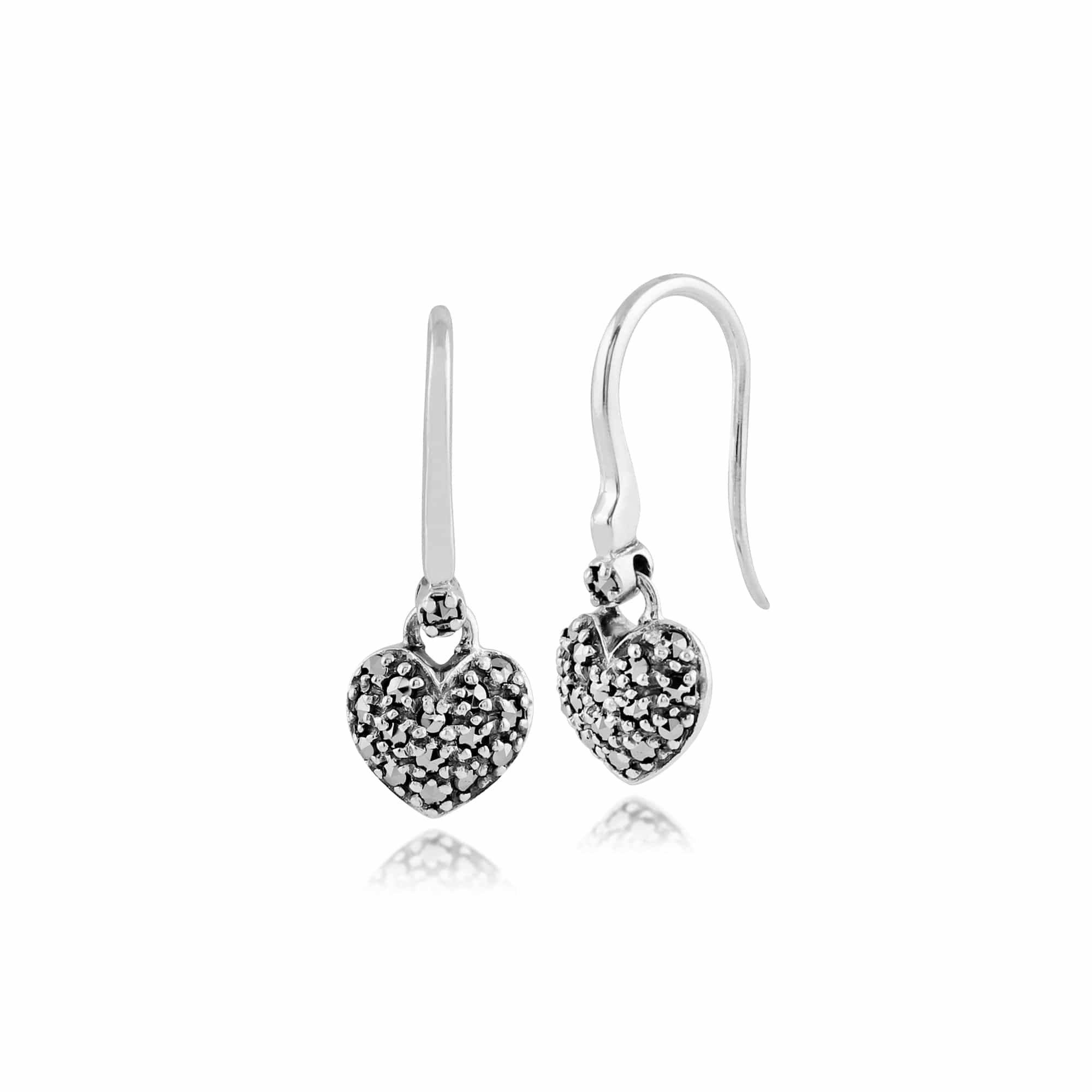 Classic Round Marcasite Heart Drop Earrings in 925 Sterling Silver - Gemondo