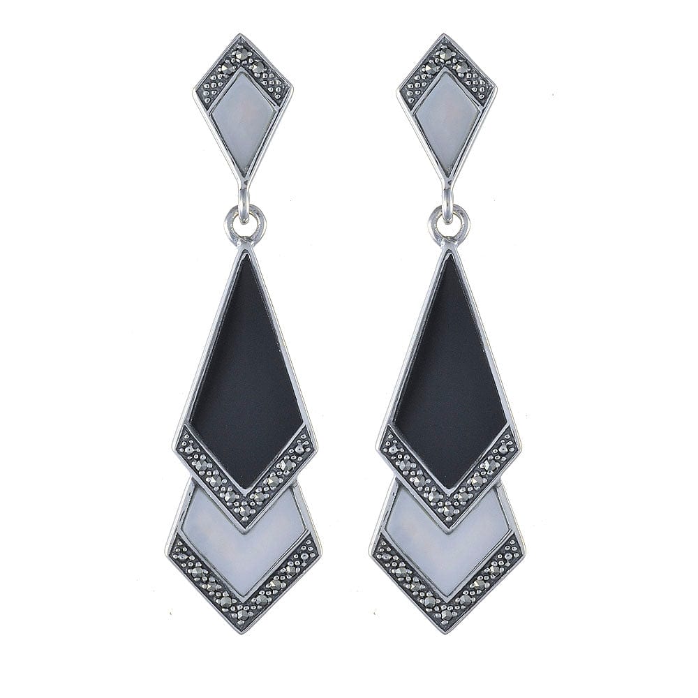 Art Deco Black Onyx & Mother of Pearl Fan Drop Earrings & Necklace Set Image 2