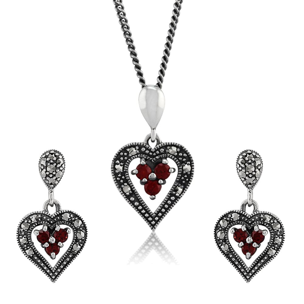 24080-27369 Art Deco Style Style Round Garnet & Marcasite Cluster Heart Drop Earrings & Pendant Set in 925 Sterling Silver 1
