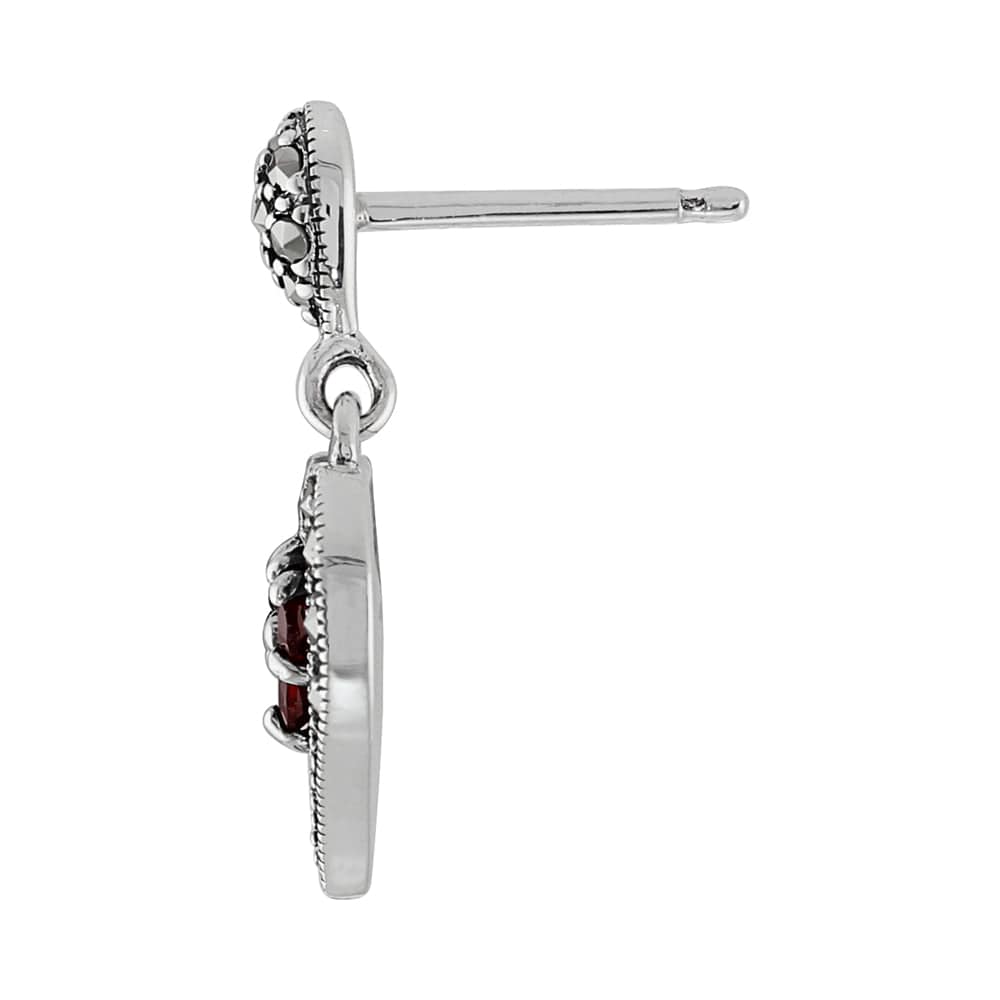 Art Deco Style Round Garnet & Marcasite Heart Earrings in 925 Sterling Silver - Gemondo