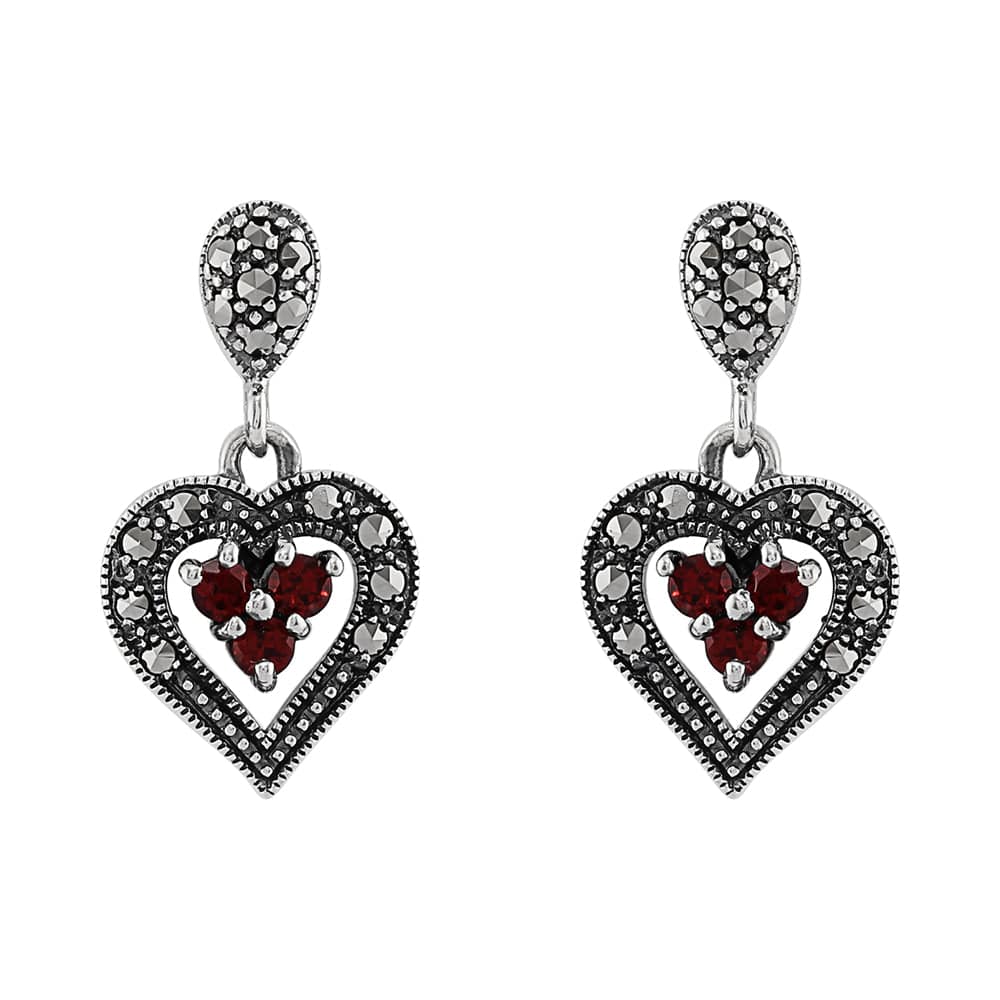 Art Deco Earrings Heart Garnet Silver