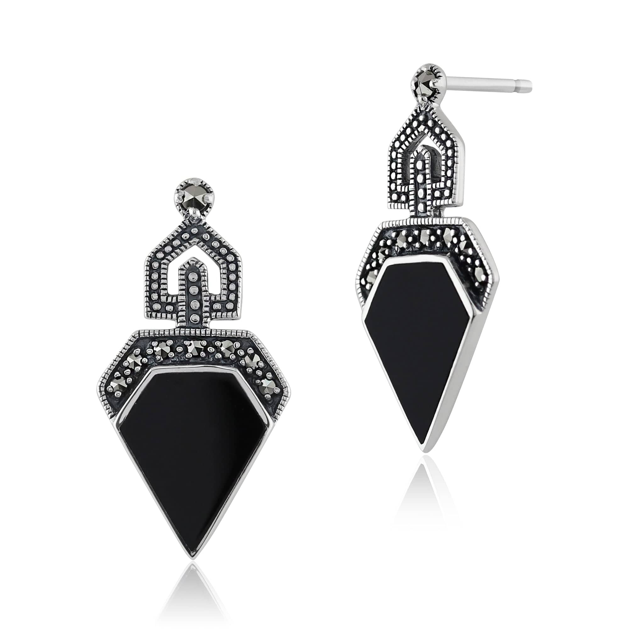 Art Deco Black Onyx & Round Marcasite Stud Drop Earrings & Pendant Set Image 2