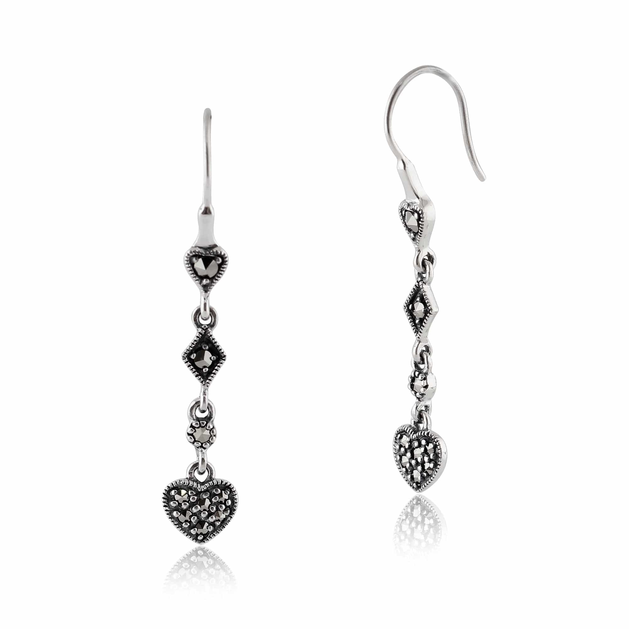 Art Deco Style Round Marcasite Pave Set Heart Drop Earrings in 925 Sterling Silver - Gemondo