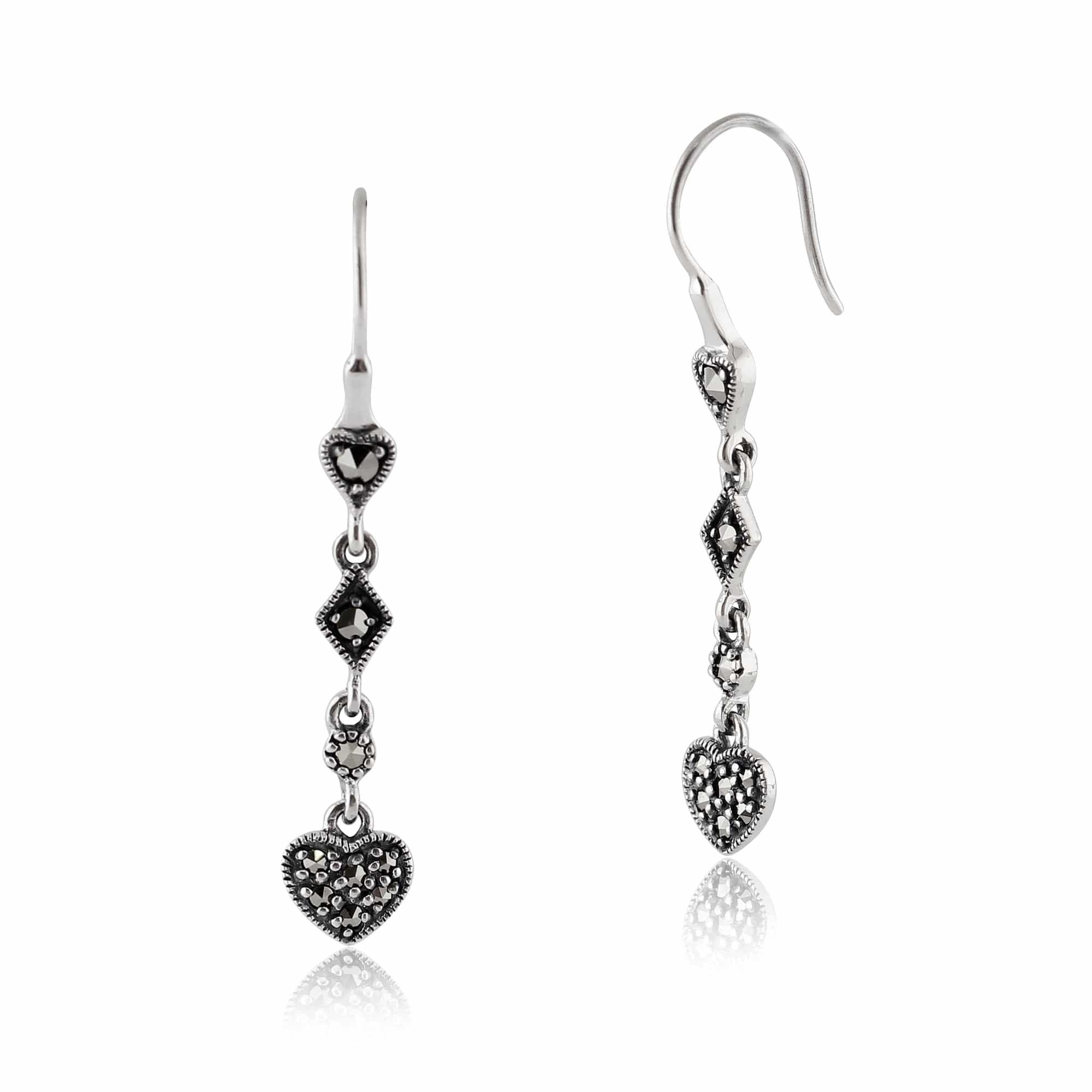 Art Deco Style Round Marcasite Pave Set Heart Drop Earrings in 925 Sterling Silver - Gemondo