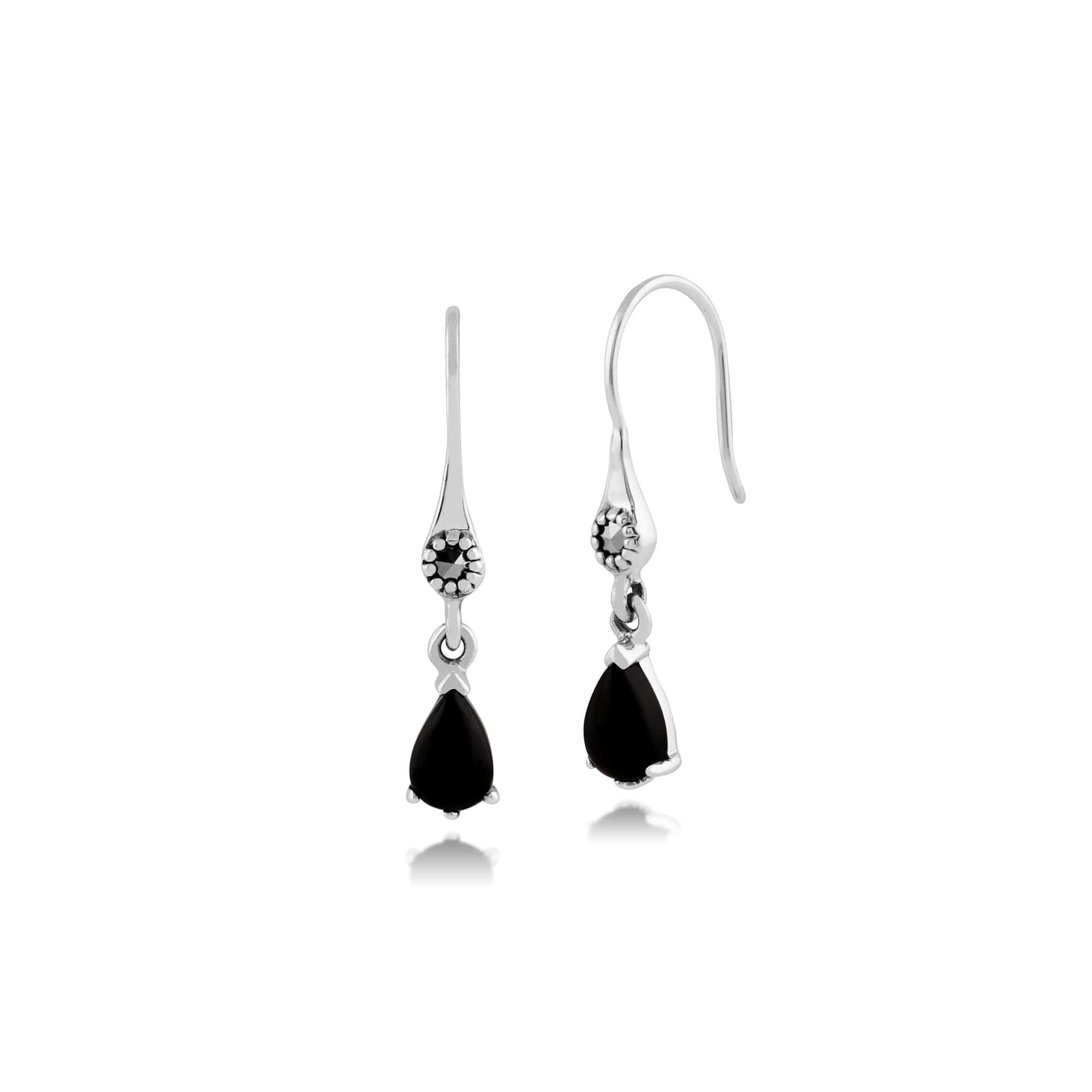 Art Nouveau Style Pear Black Onyx & Marcasite Drop Earrings in 925 Sterling Silver - Gemondo