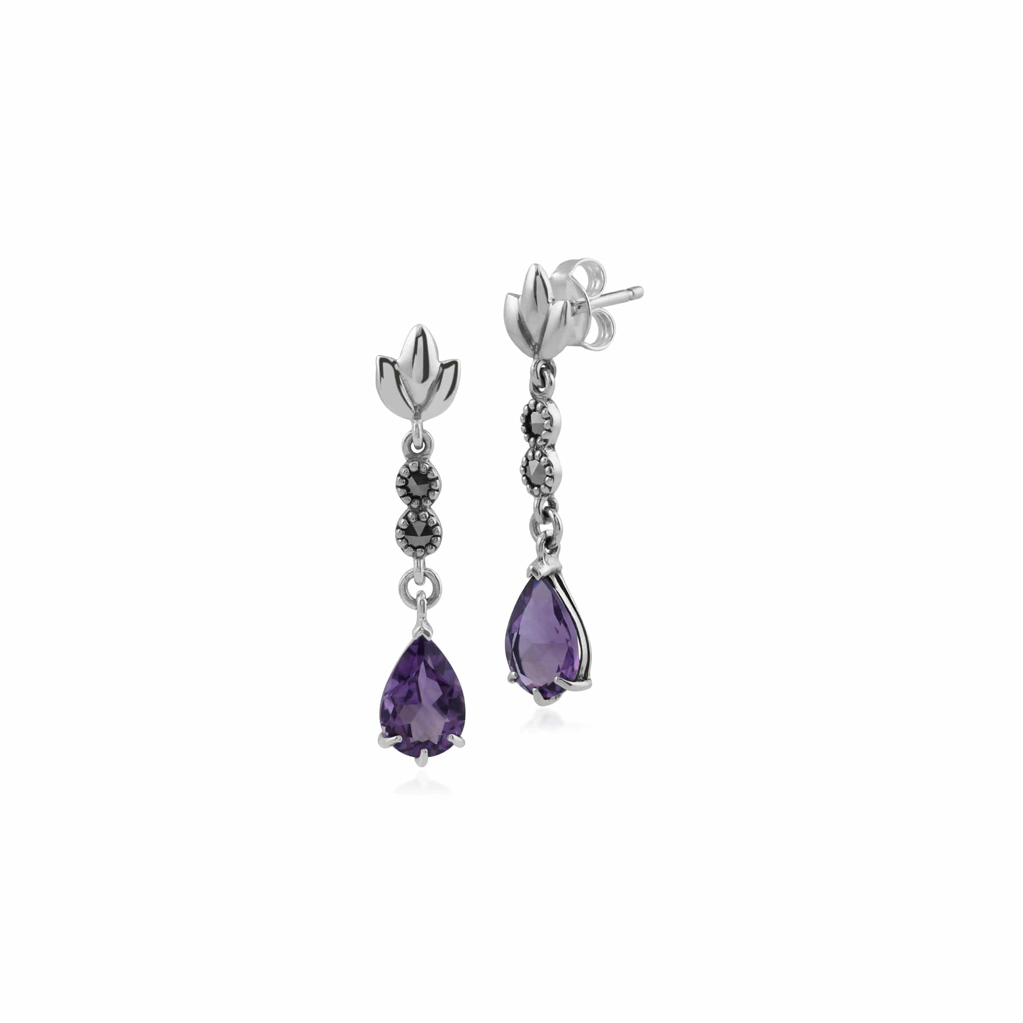 Art Nouveau Style Pear Amethyst & Marcasite Leaf Drop Earrings in 925 Sterling Silver - Gemondo